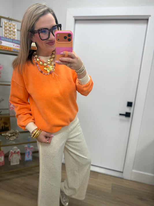 Orange Fleece Acid Washed Crew Neck Long Sleeve Sweatshirts