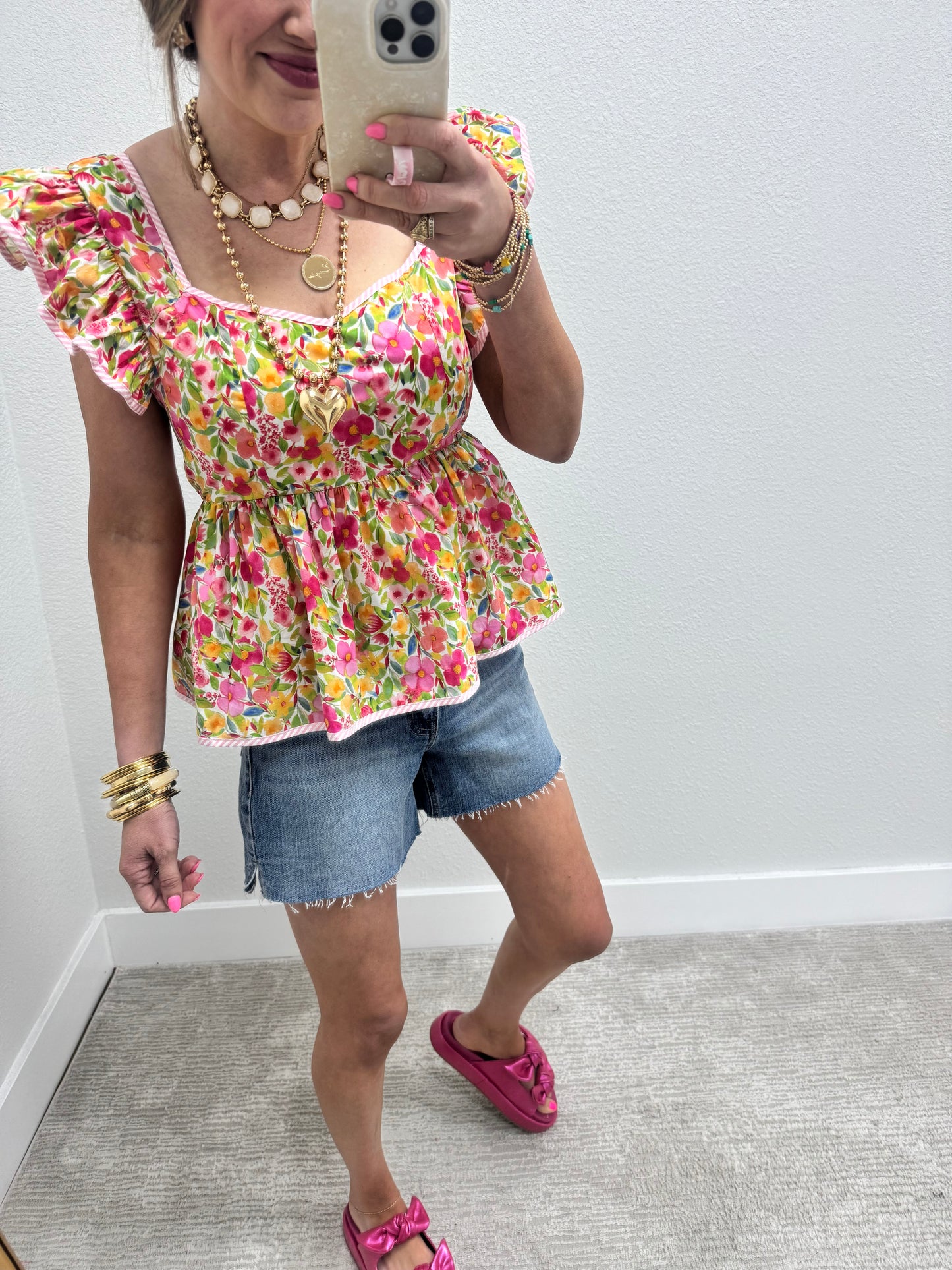 Pink Ruffle Sleeve Floral Peplum Top