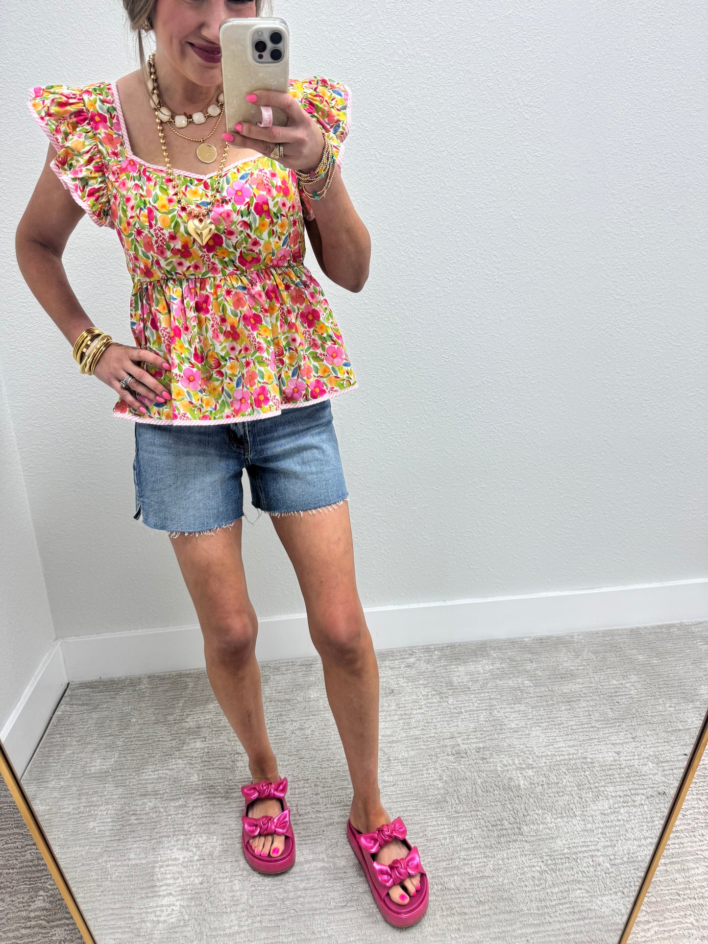 Pink Ruffle Sleeve Floral Peplum Top