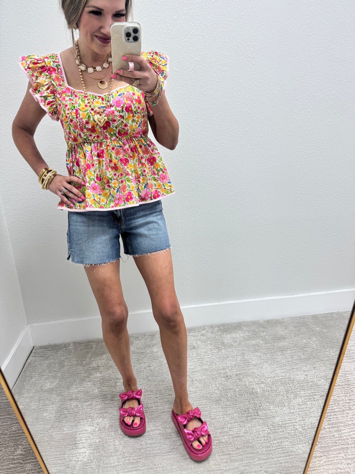 Pink Ruffle Sleeve Floral Peplum Top