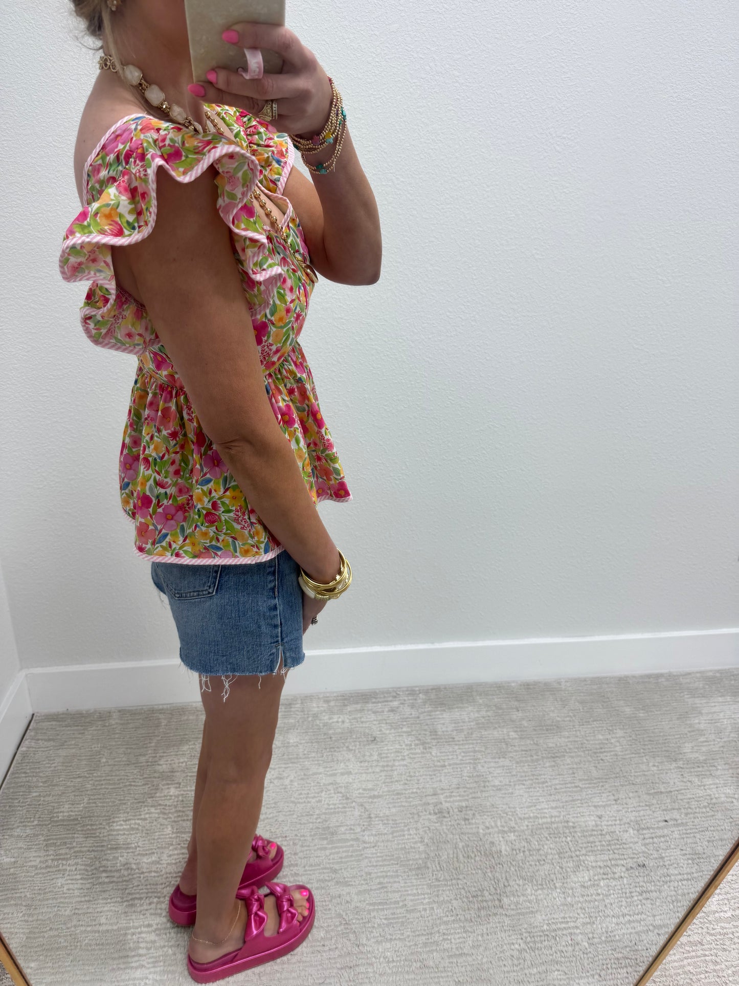 Pink Ruffle Sleeve Floral Peplum Top