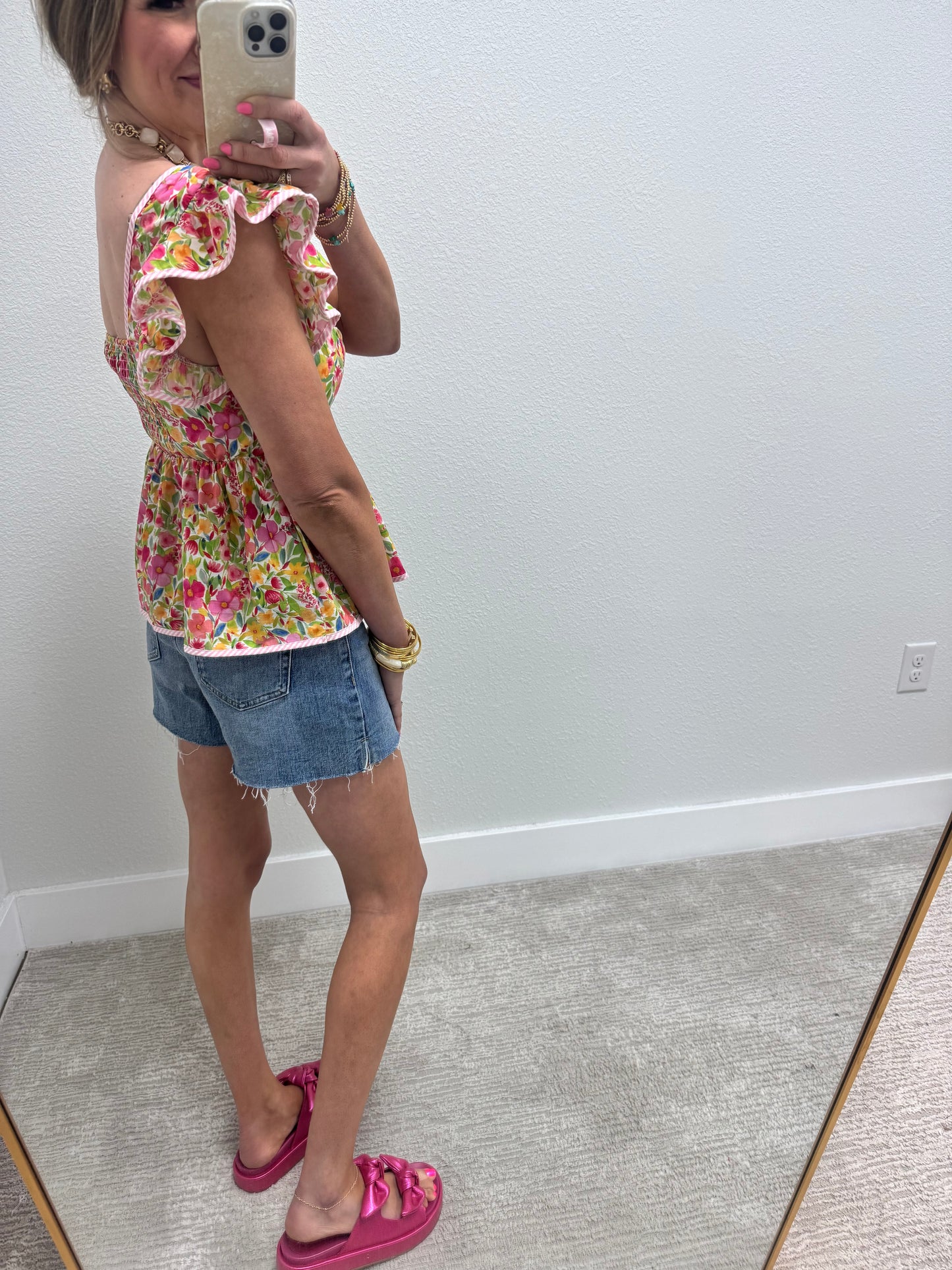 Pink Ruffle Sleeve Floral Peplum Top