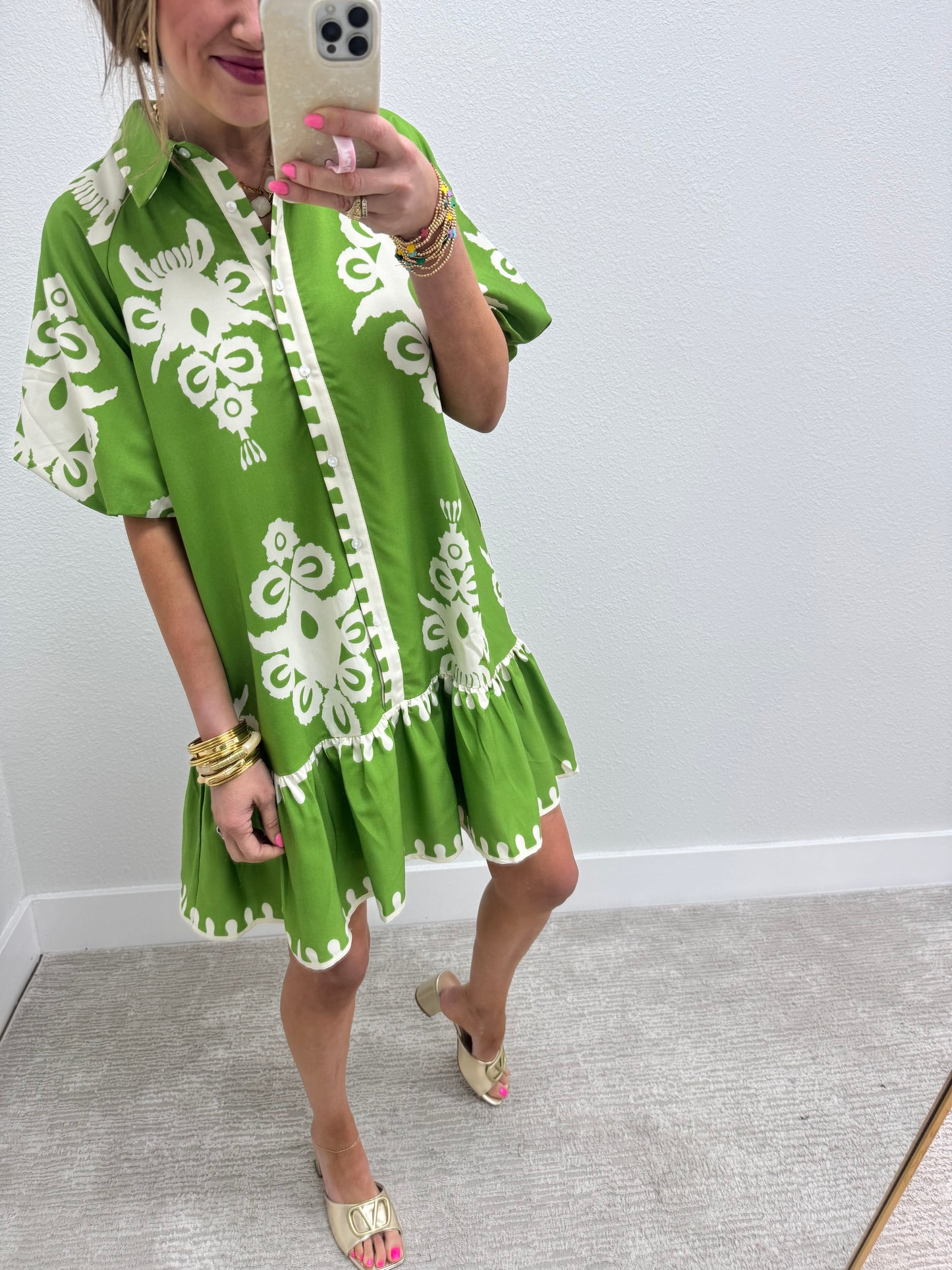 Lime and Cream Printed Shirt Style Dress