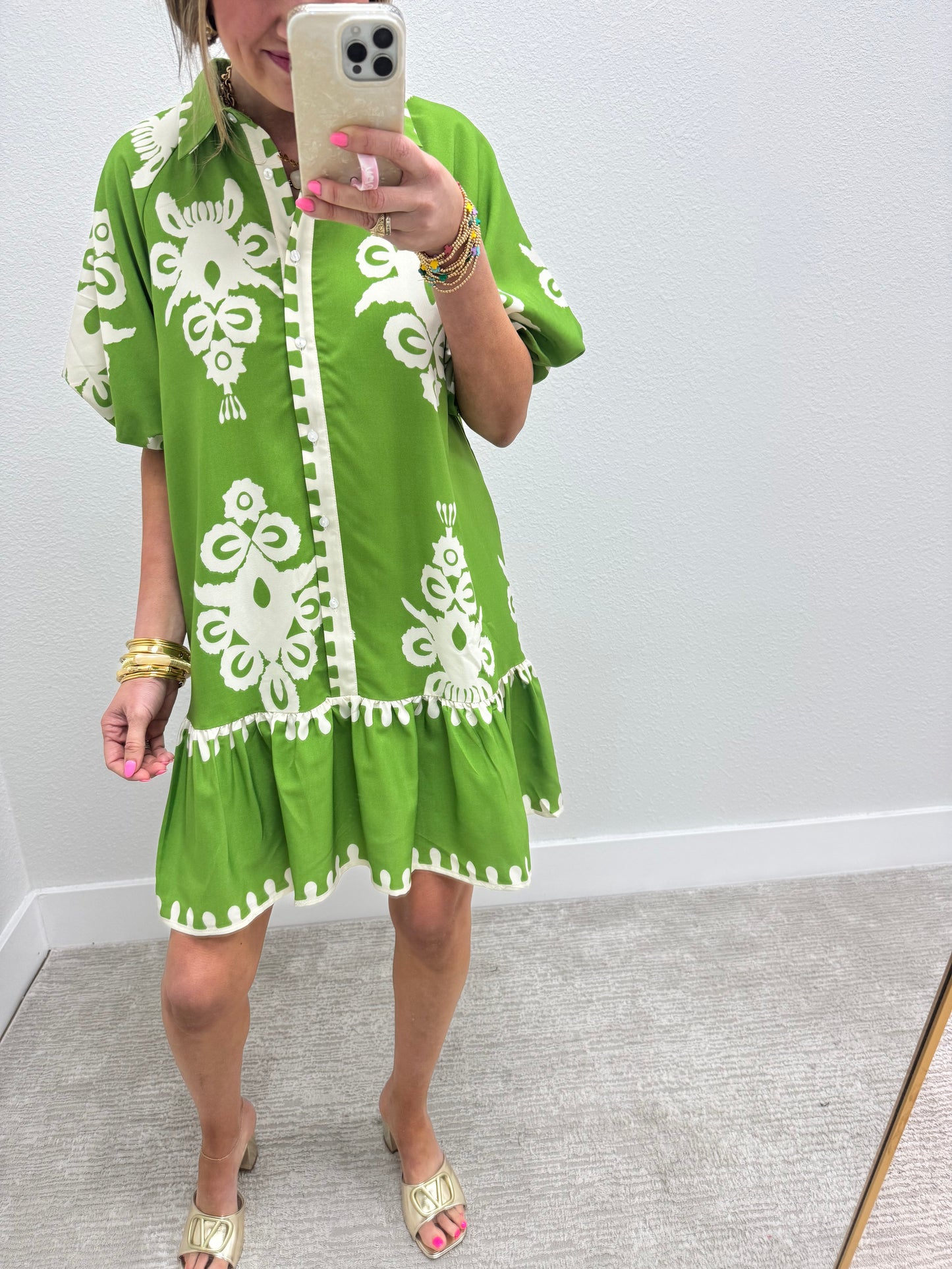 Lime and Cream Printed Shirt Style Dress
