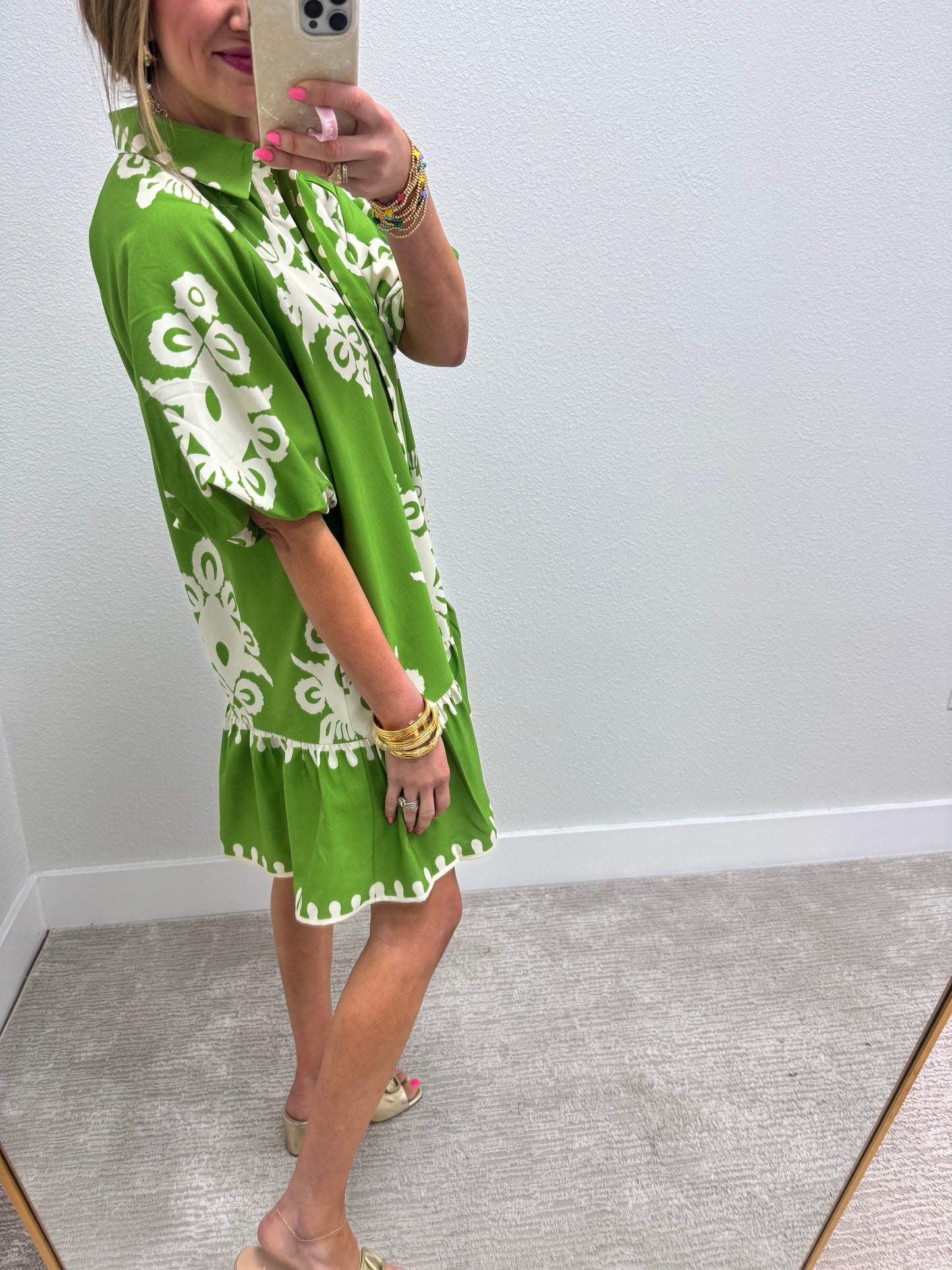 Lime and Cream Printed Shirt Style Dress