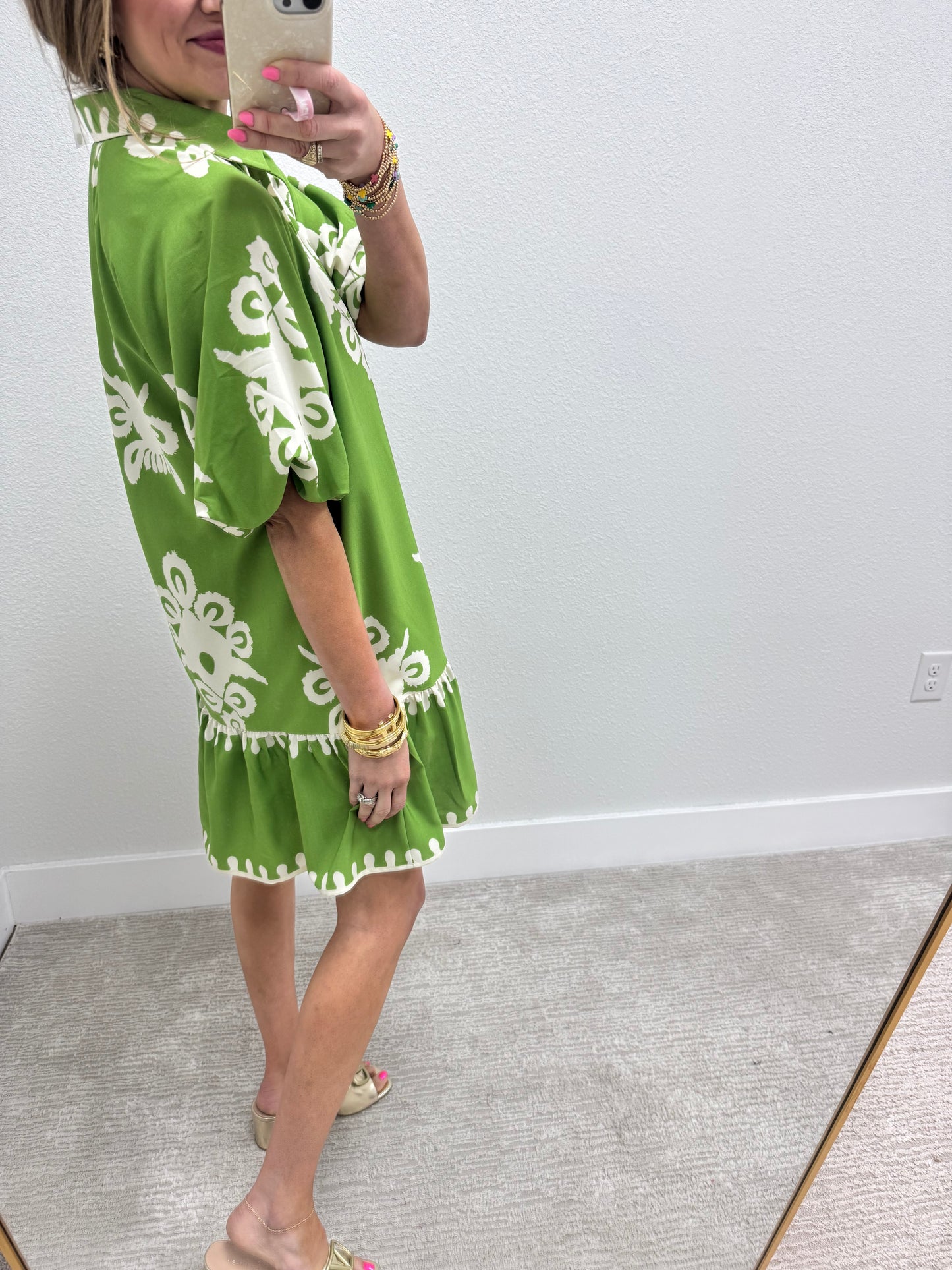 Lime and Cream Printed Shirt Style Dress
