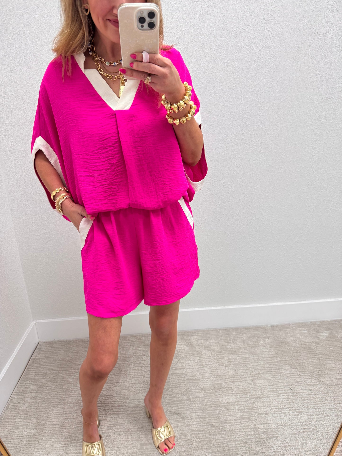 Hot Pink & White Trim Two Piece Short Set