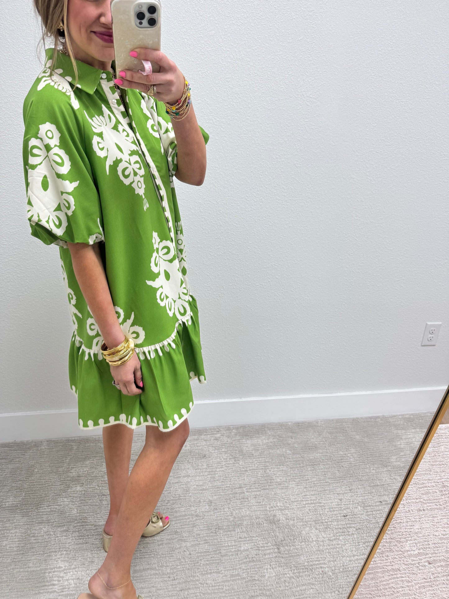 Lime and Cream Printed Shirt Style Dress