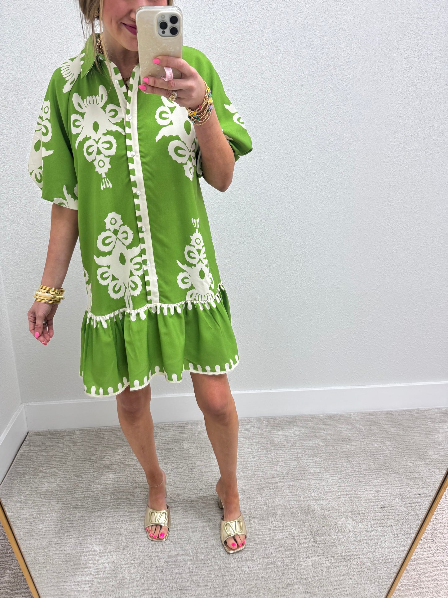 Lime and Cream Printed Shirt Style Dress