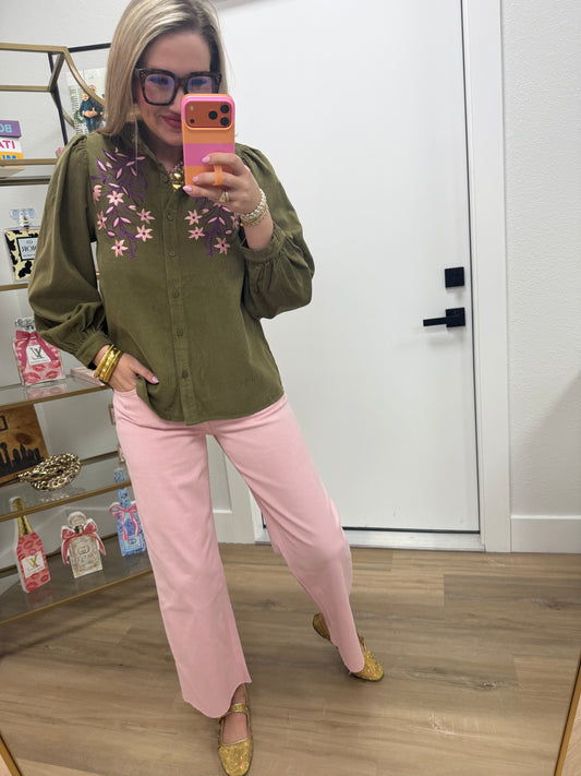 Olive Floral Embroidered Button Up Top