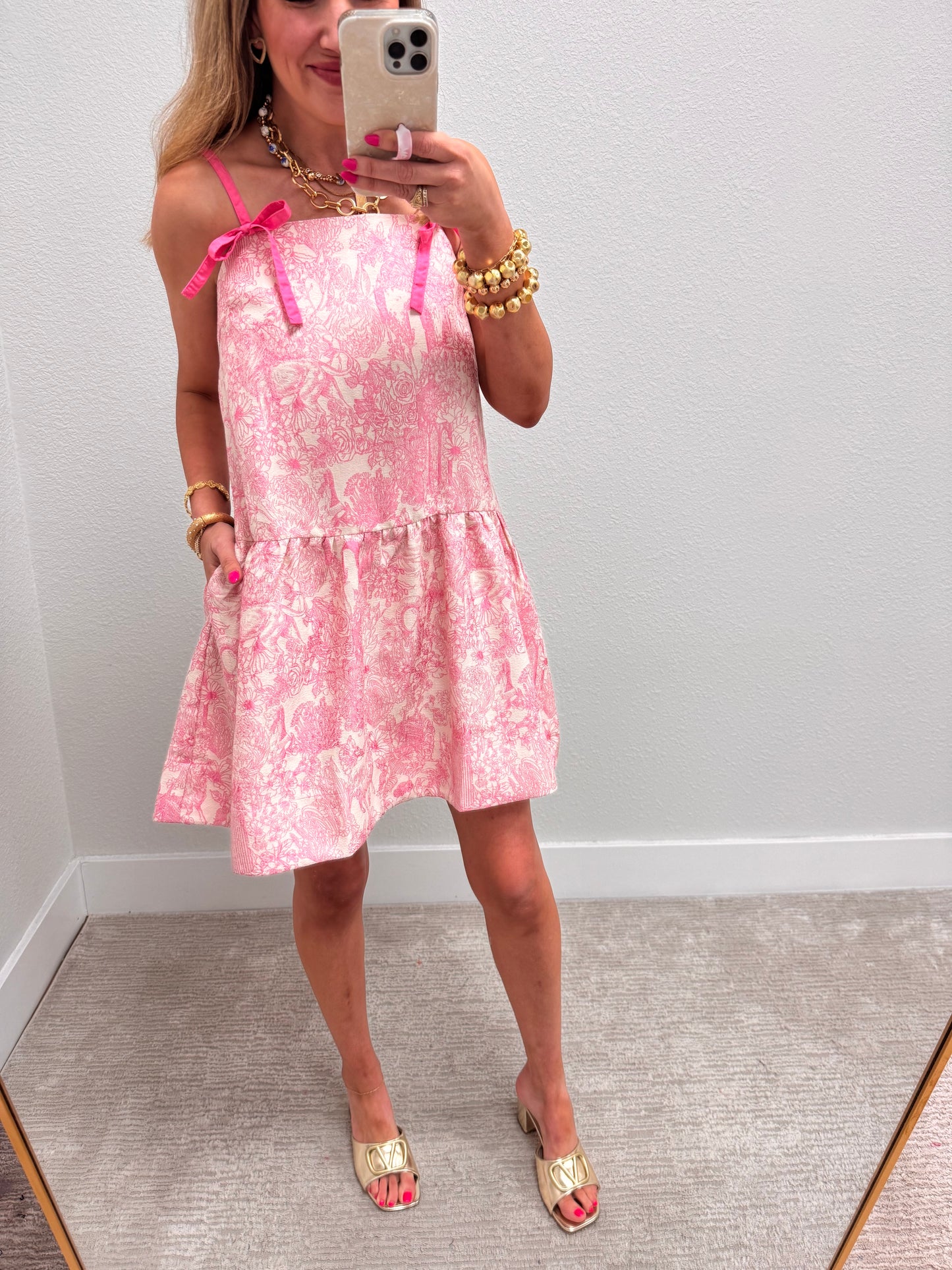 Pink Patterned Dress with Tie Sleeves