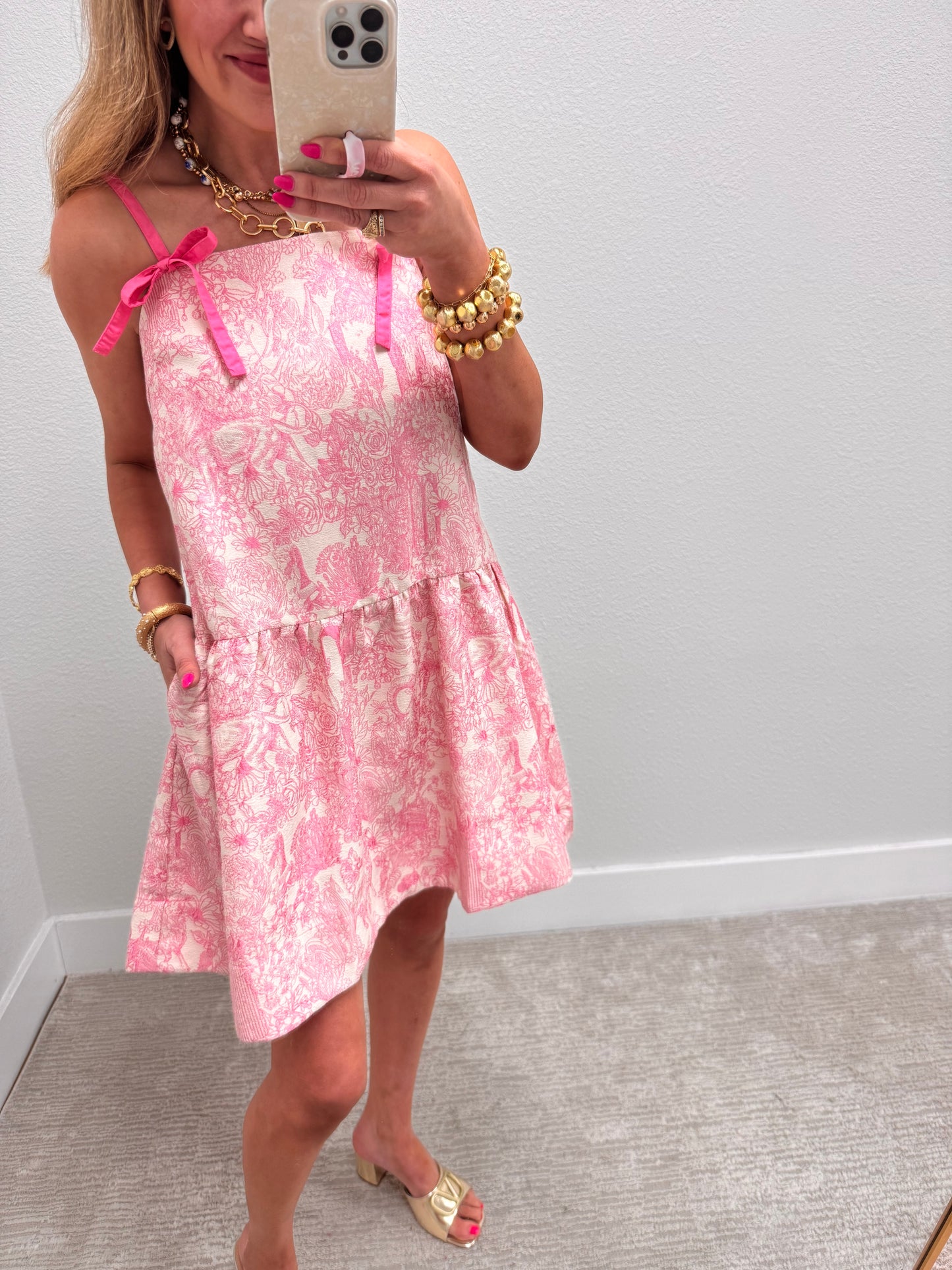 Pink Patterned Dress with Tie Sleeves
