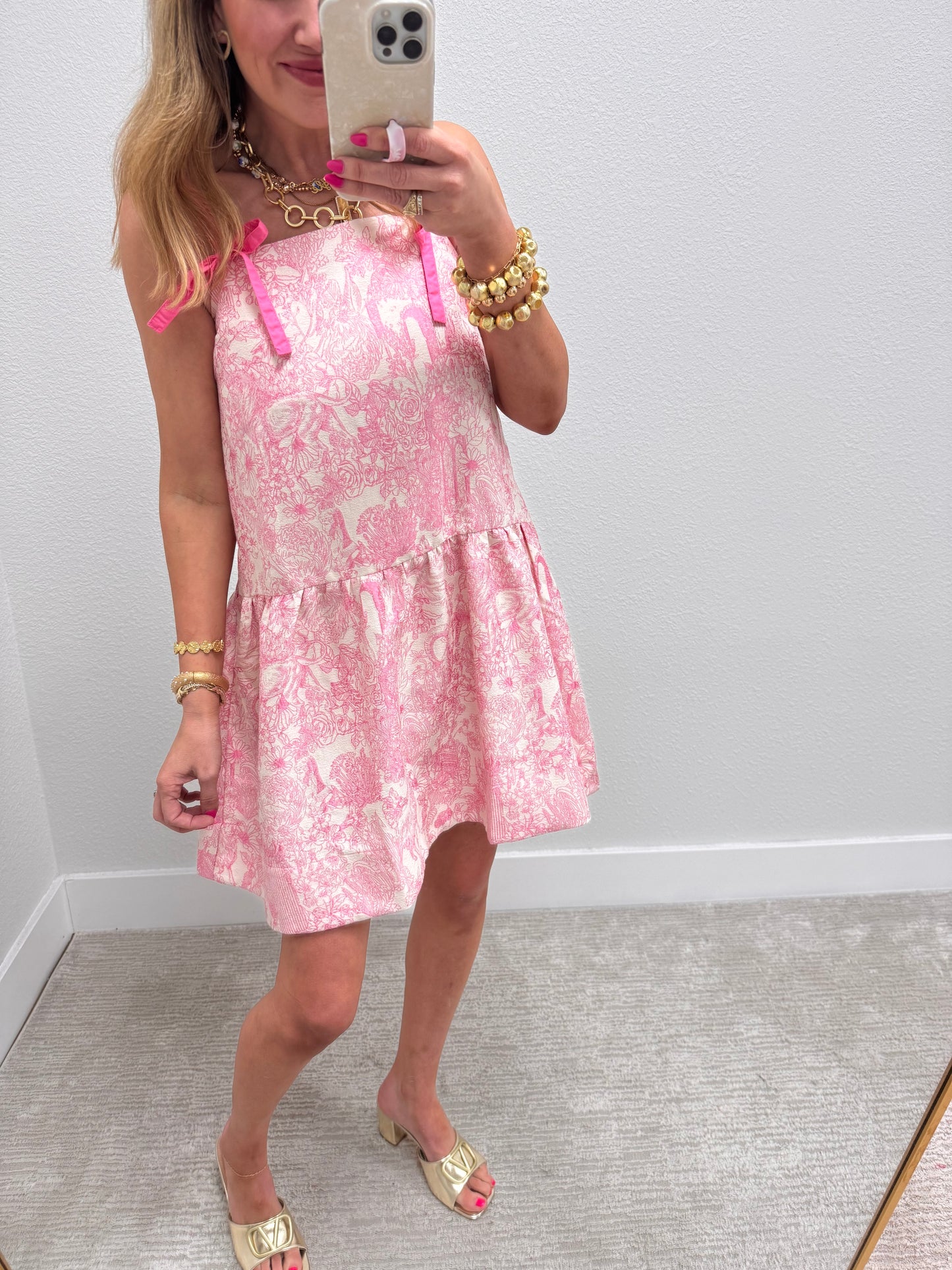Pink Patterned Dress with Tie Sleeves