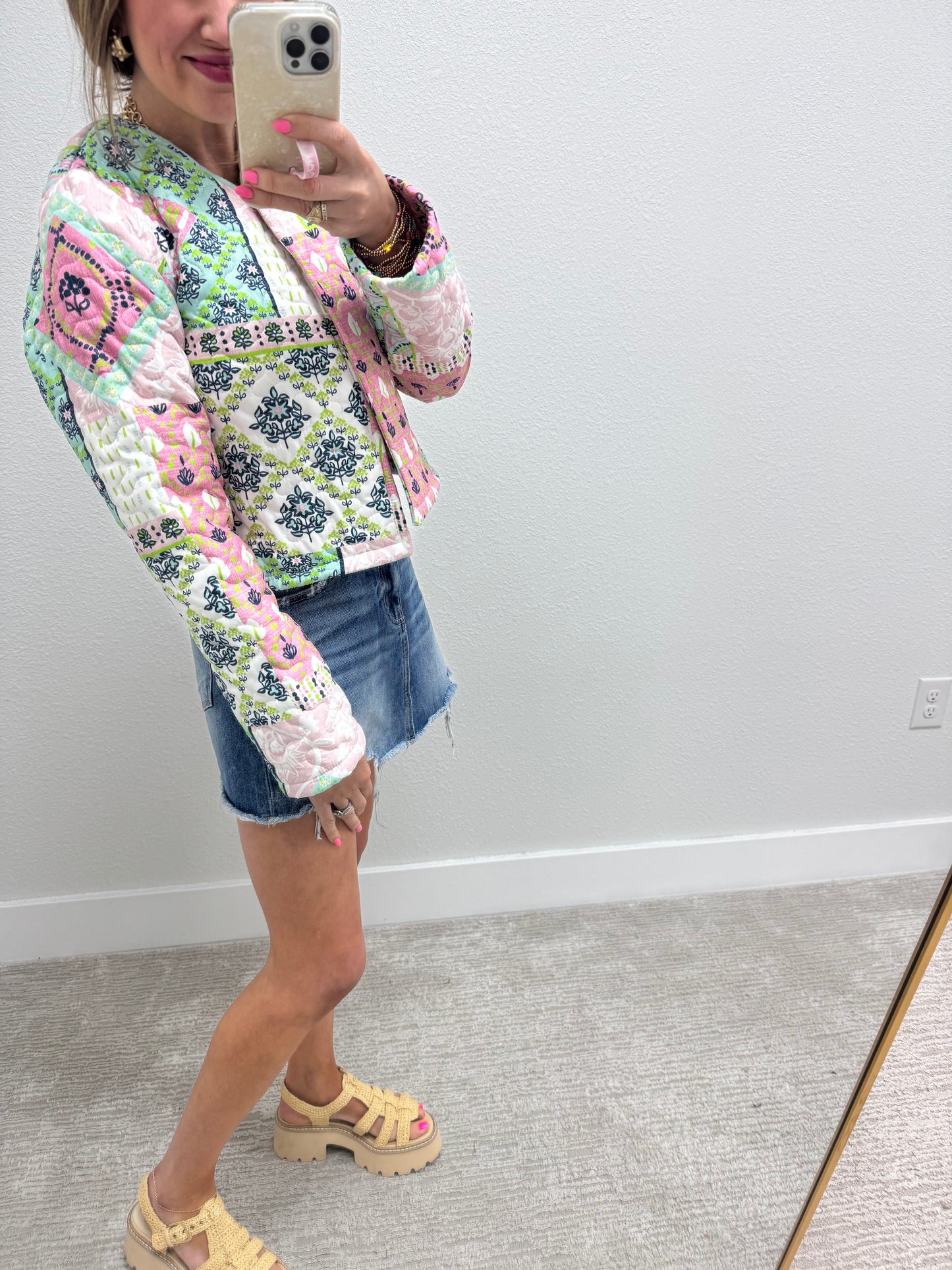 Ida Mae Green Laramie Patchwork Quilted Cropped Jacket