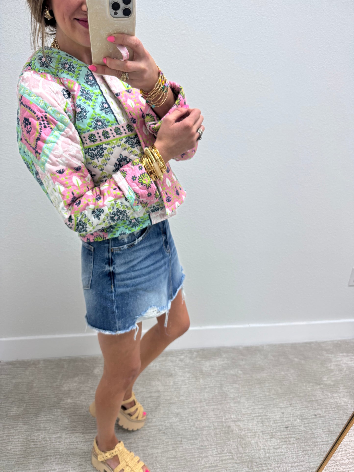 Ida Mae Green Laramie Patchwork Quilted Cropped Jacket