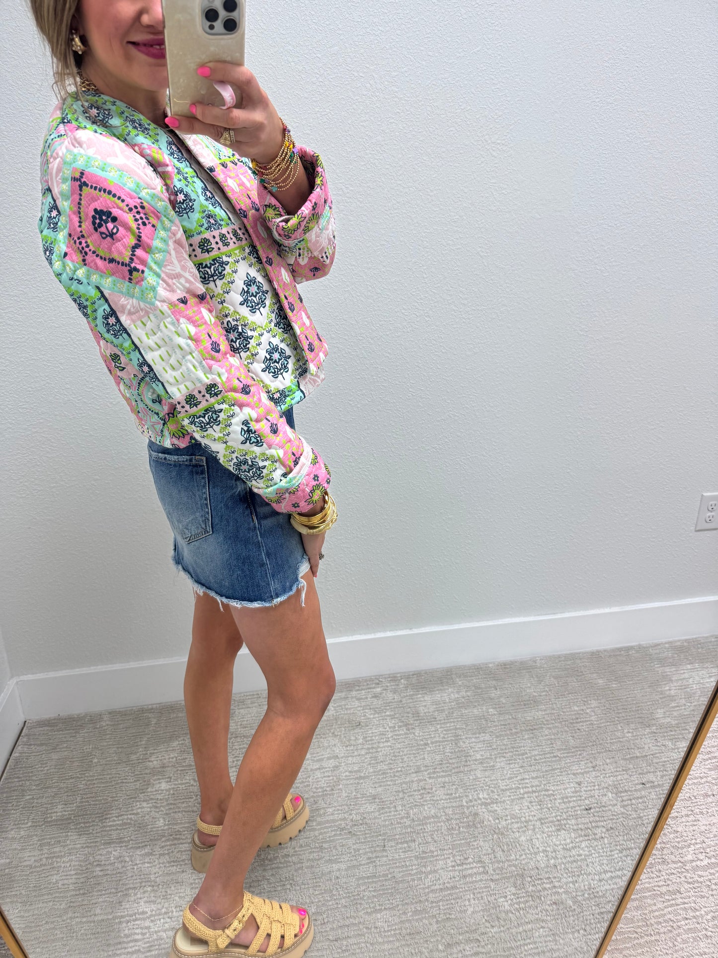 Ida Mae Green Laramie Patchwork Quilted Cropped Jacket