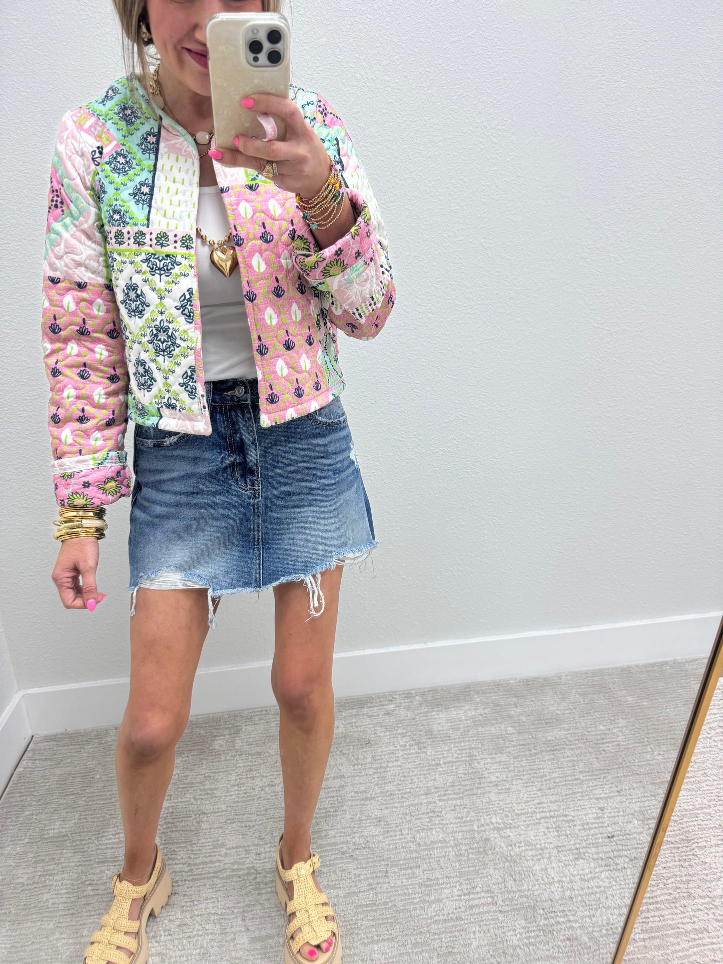 Ida Mae Green Laramie Patchwork Quilted Cropped Jacket