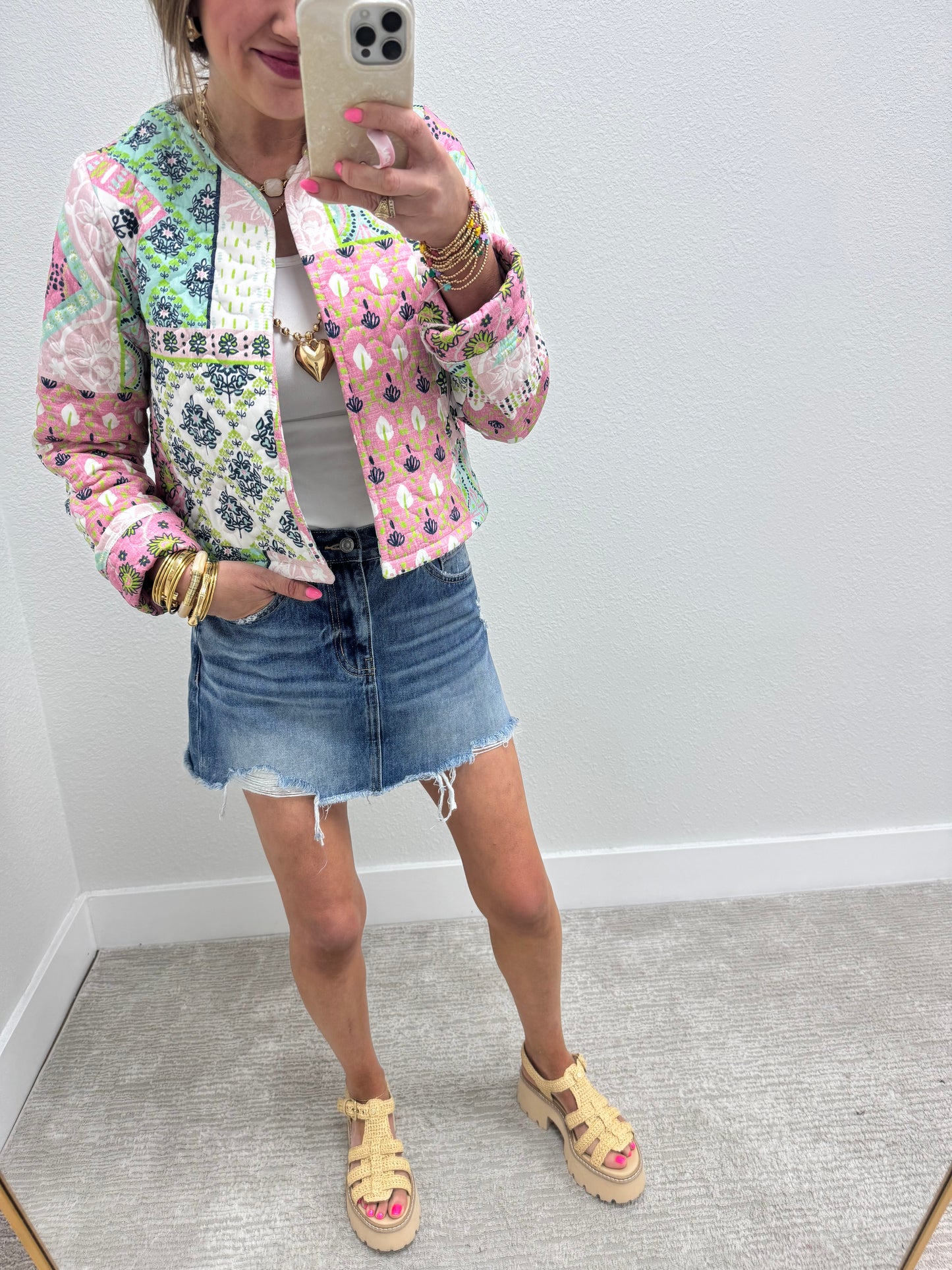 Ida Mae Green Laramie Patchwork Quilted Cropped Jacket
