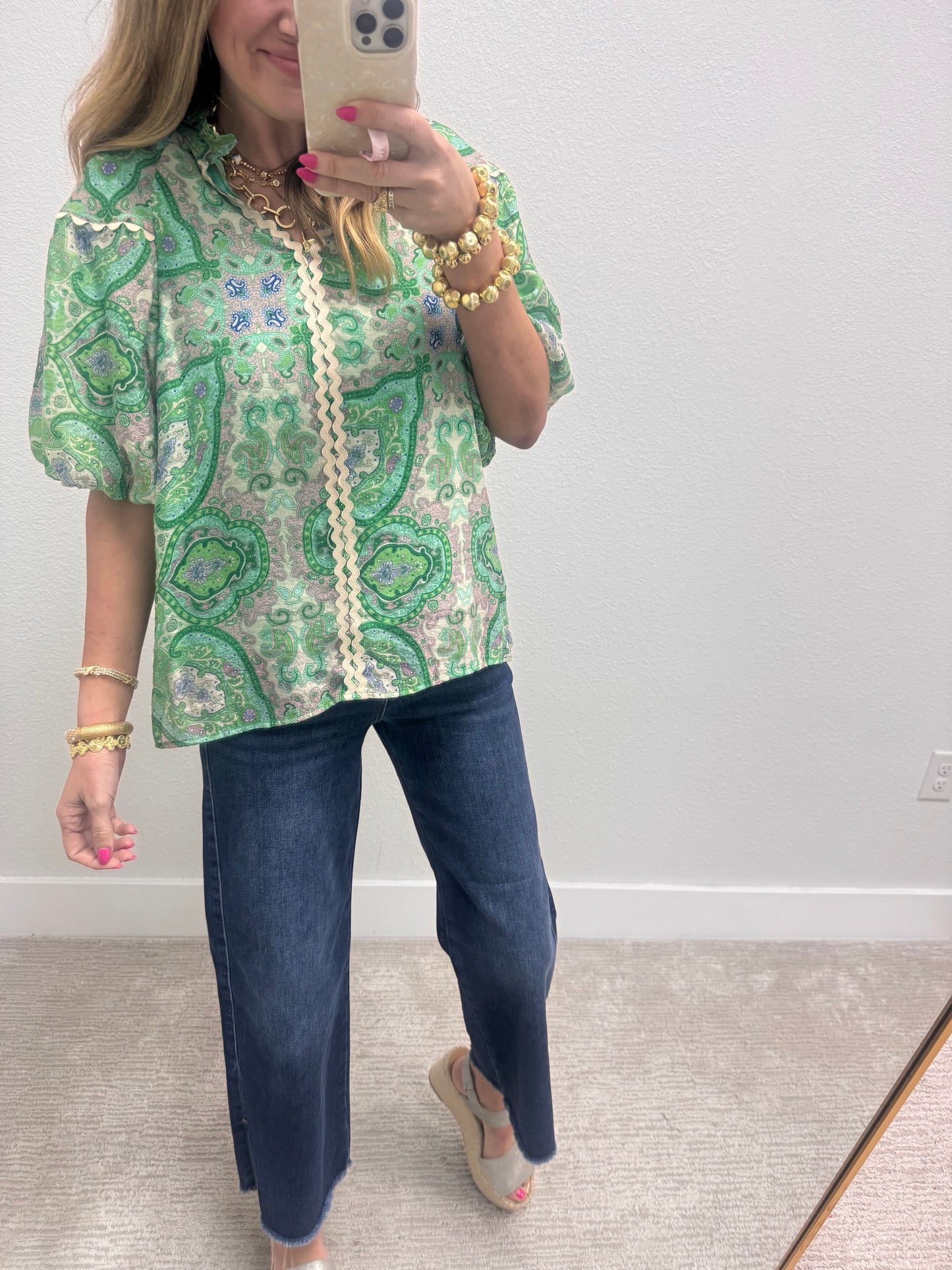 Green Mix Printed Paisley Puff Sleeve Top