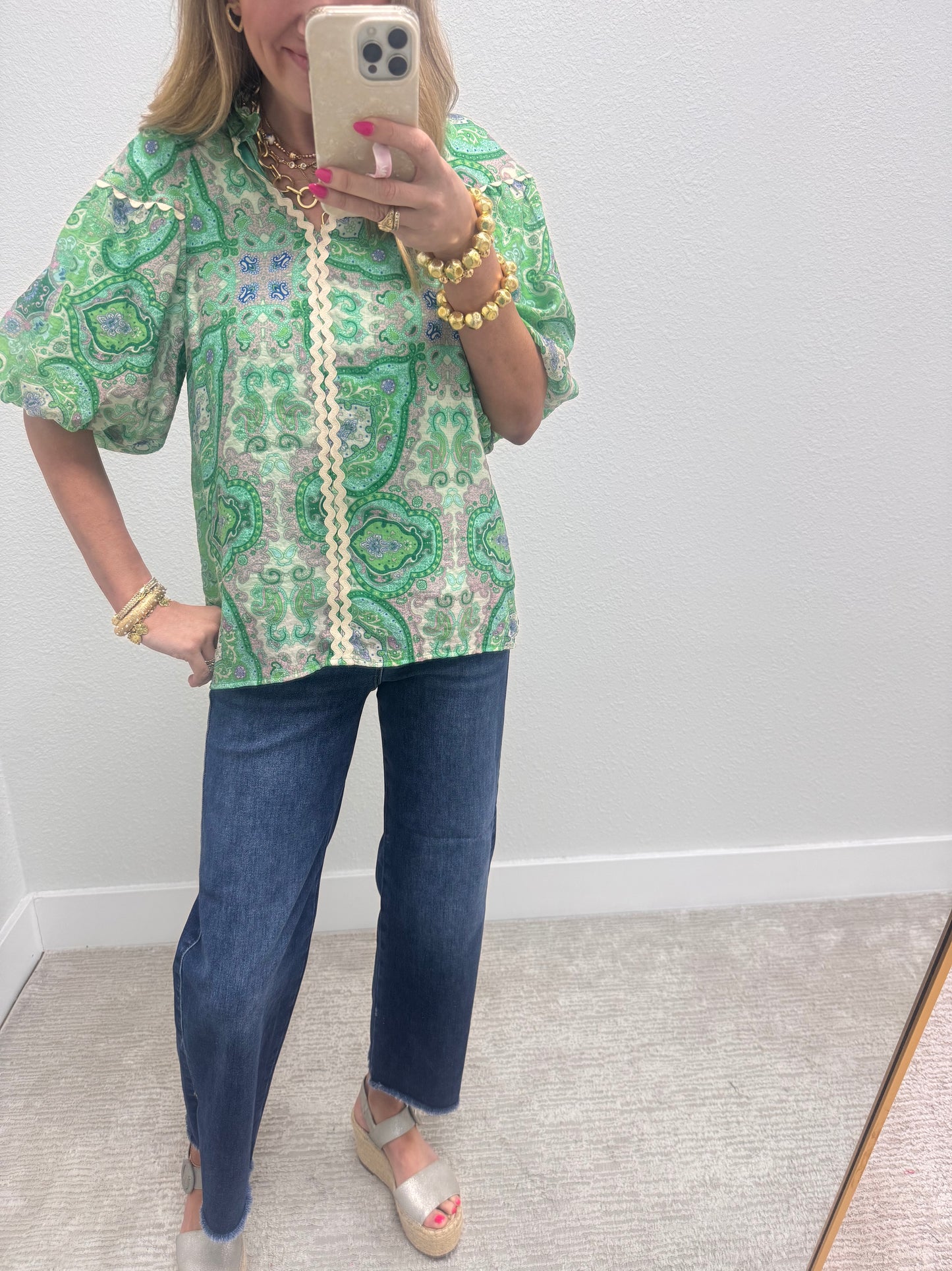 Green Mix Printed Paisley Puff Sleeve Top