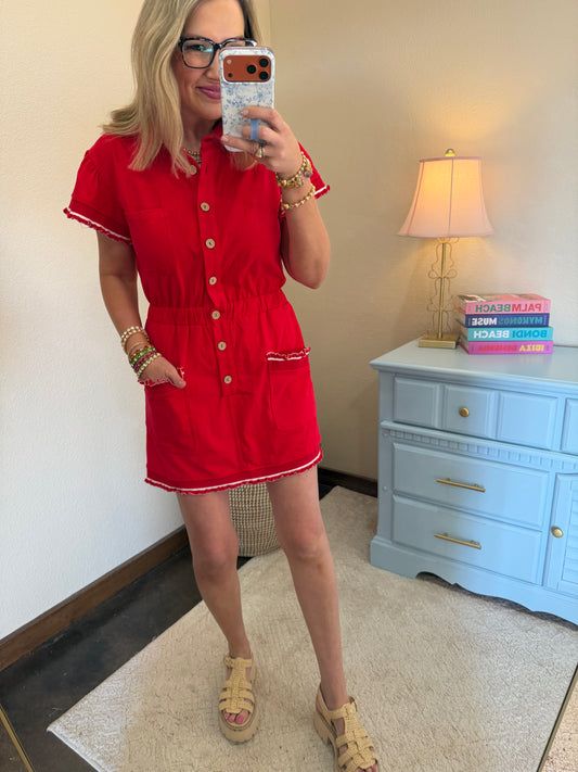 Red Lettuce Detail Skort Dress