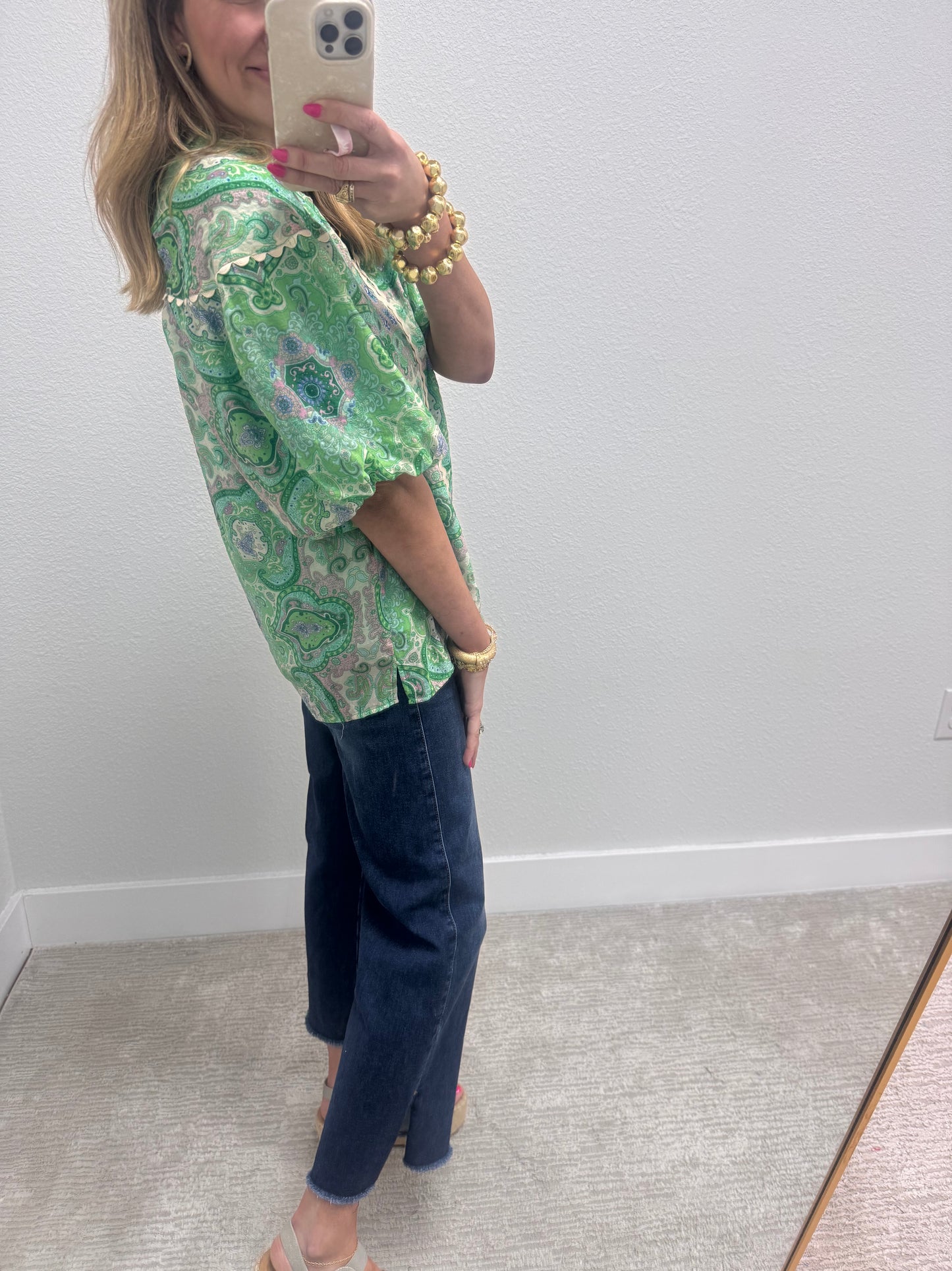 Green Mix Printed Paisley Puff Sleeve Top