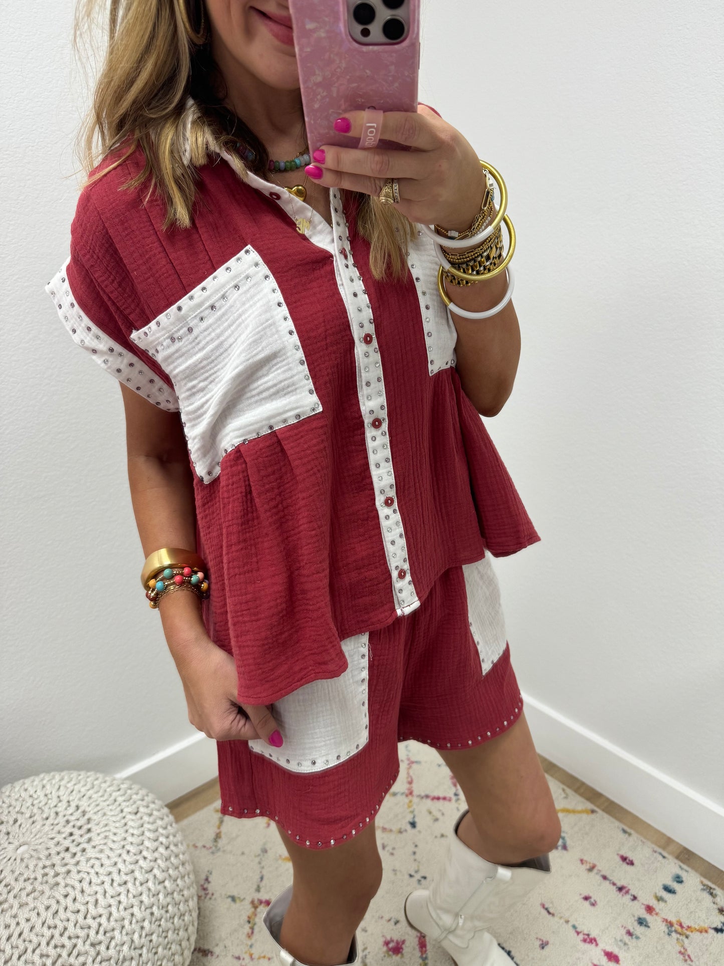 Maroon and White Gauze Crystal Two Piece Set FS
