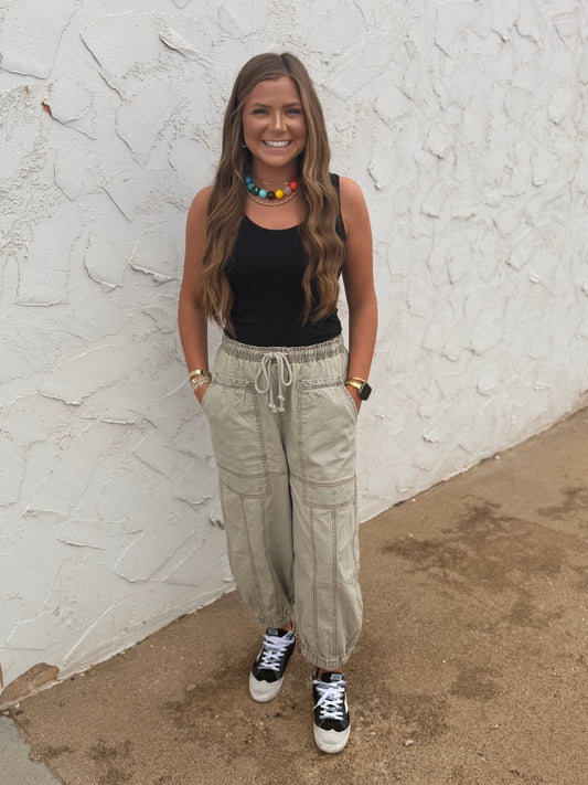Sage Green Elastic Waist Balloon Style Jogger Pants