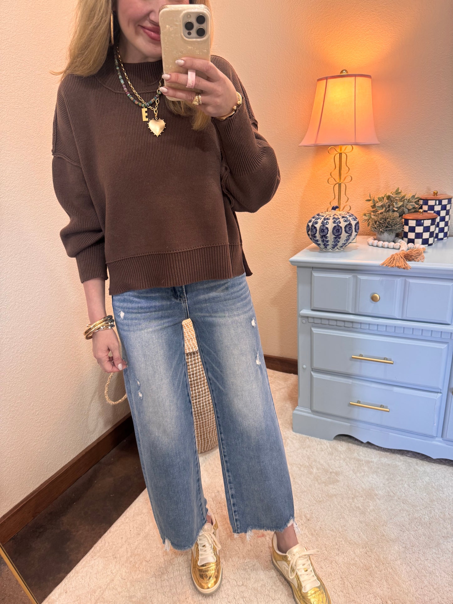 Brown Waist Length Mock Neck Sweater