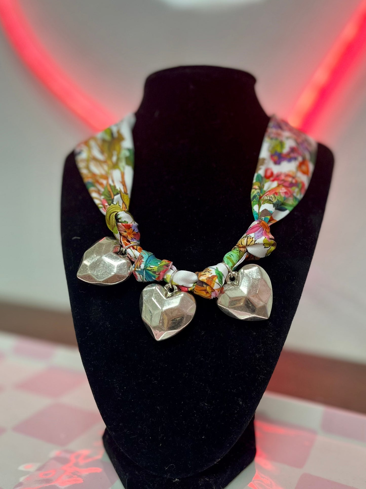 3 Heart Charm Scarf Necklace- 2 Colors