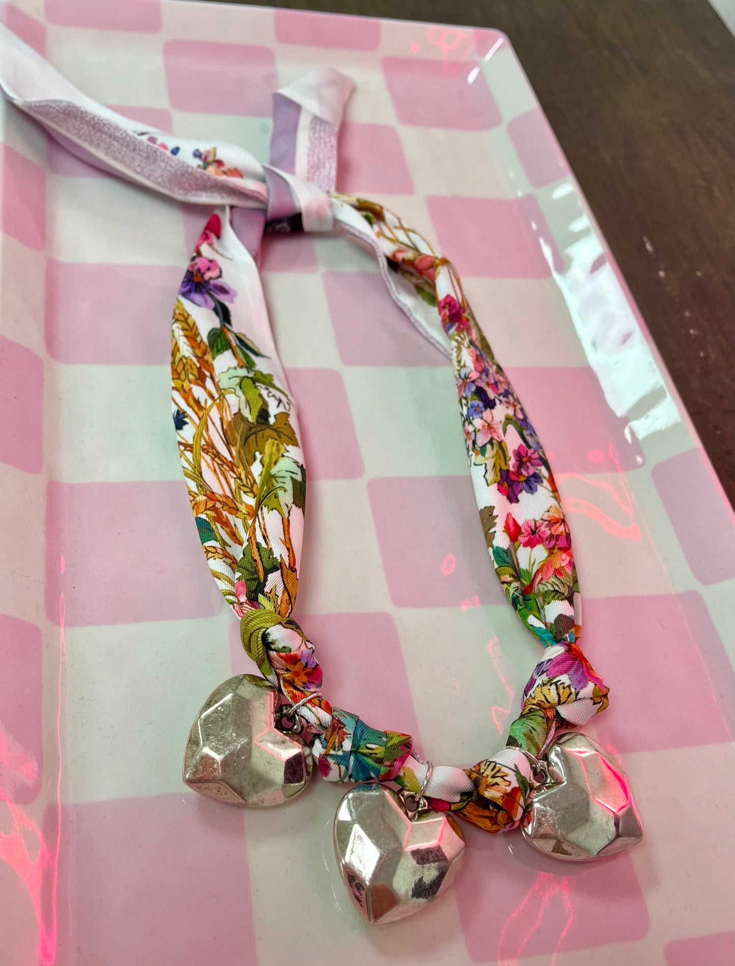 3 Heart Charm Scarf Necklace- 2 Colors