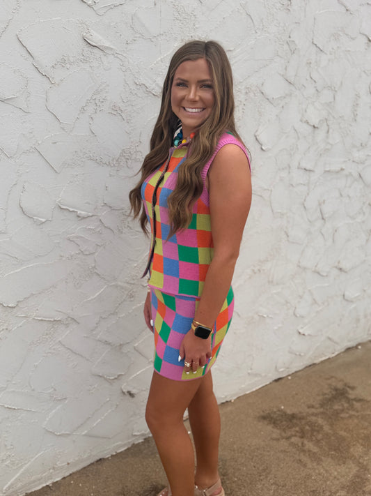 Multi-Color Checker Knit Tank & Skirt Set