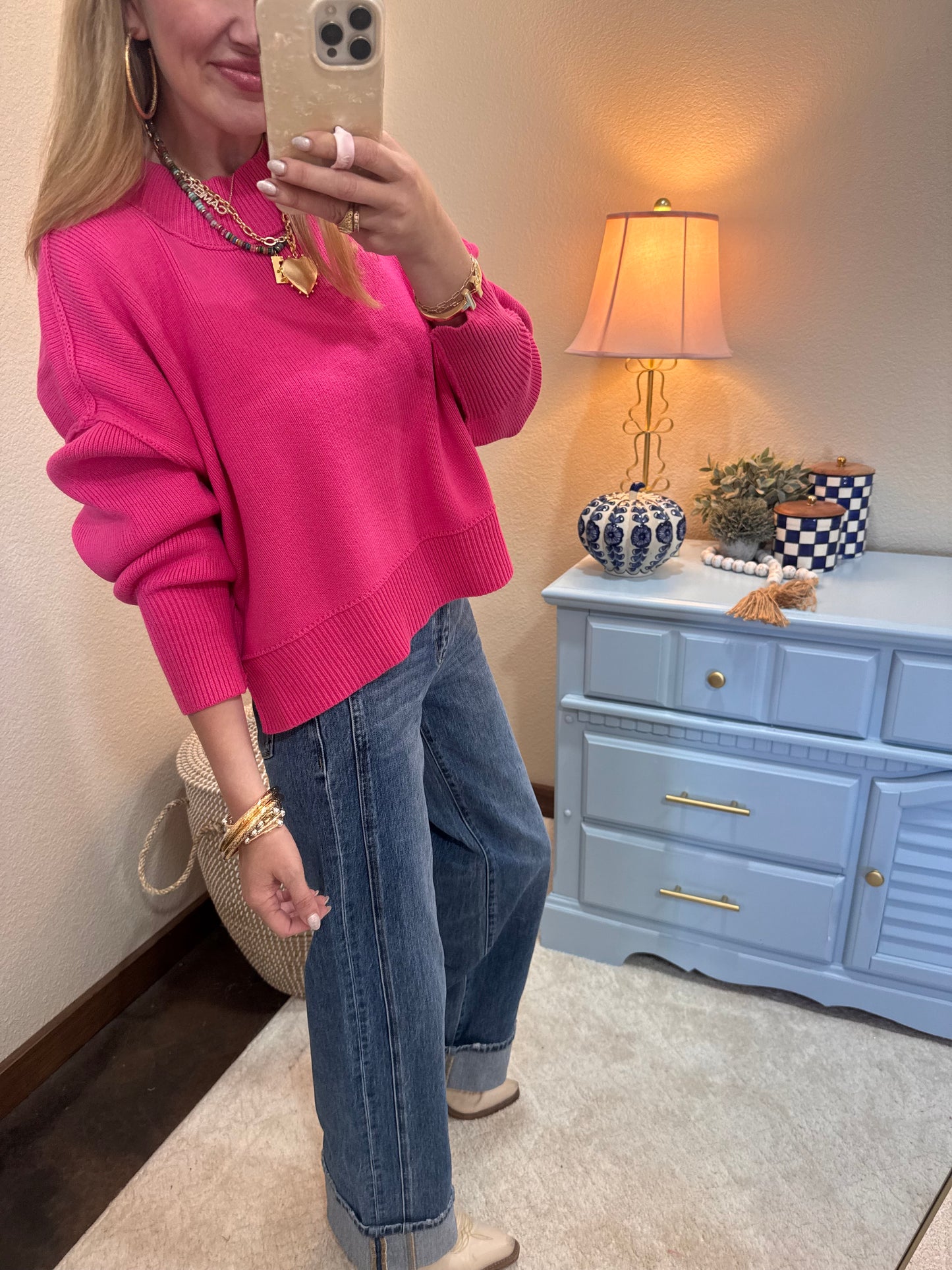 Fuchsia Waist Length Mock Neck Sweater