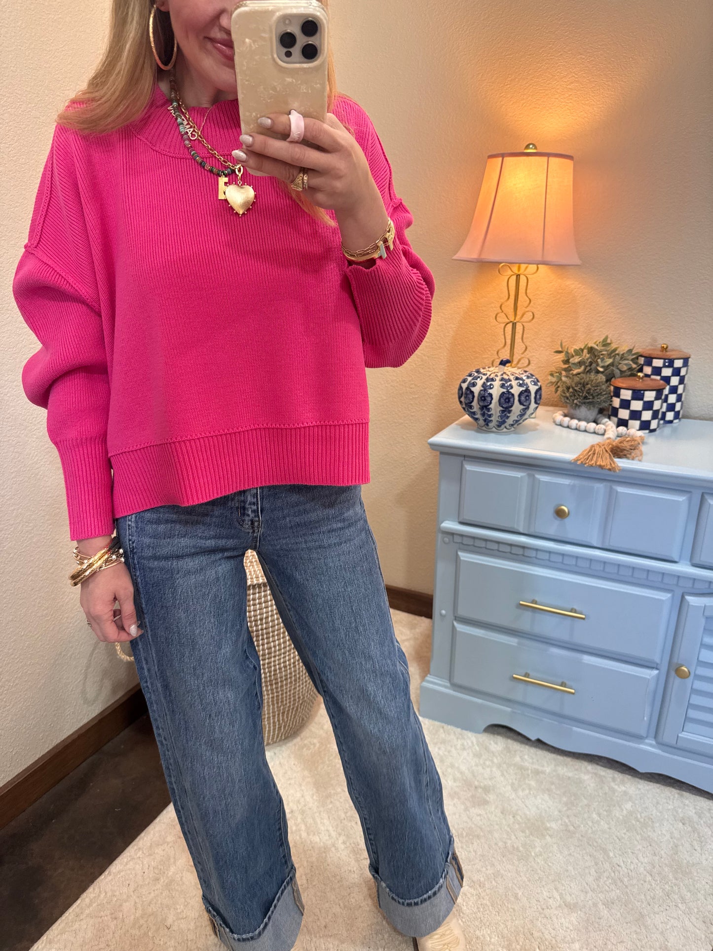Fuchsia Waist Length Mock Neck Sweater