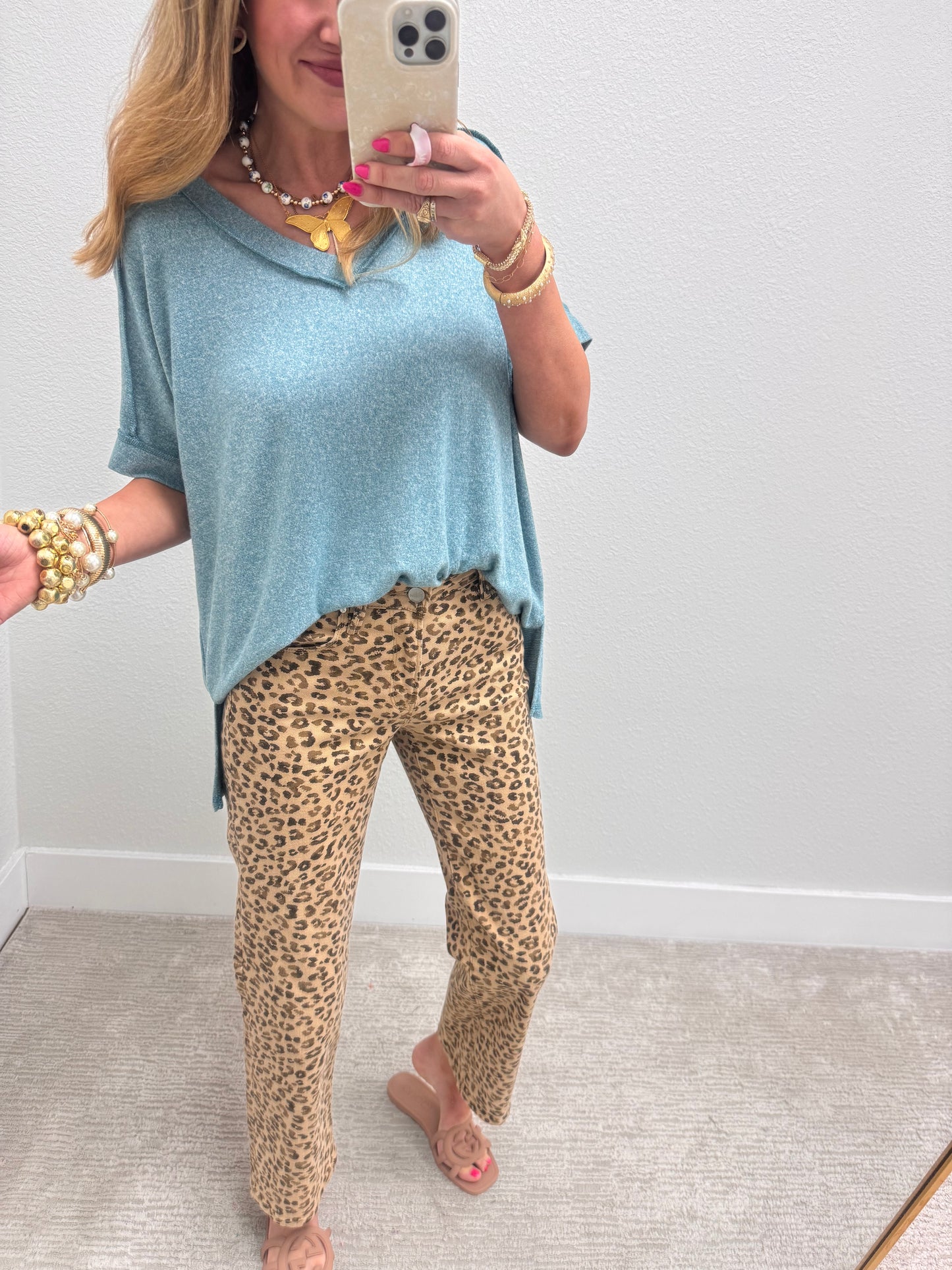 Dusty Teal Melange Hacci V-Neck Hi-Low Tee