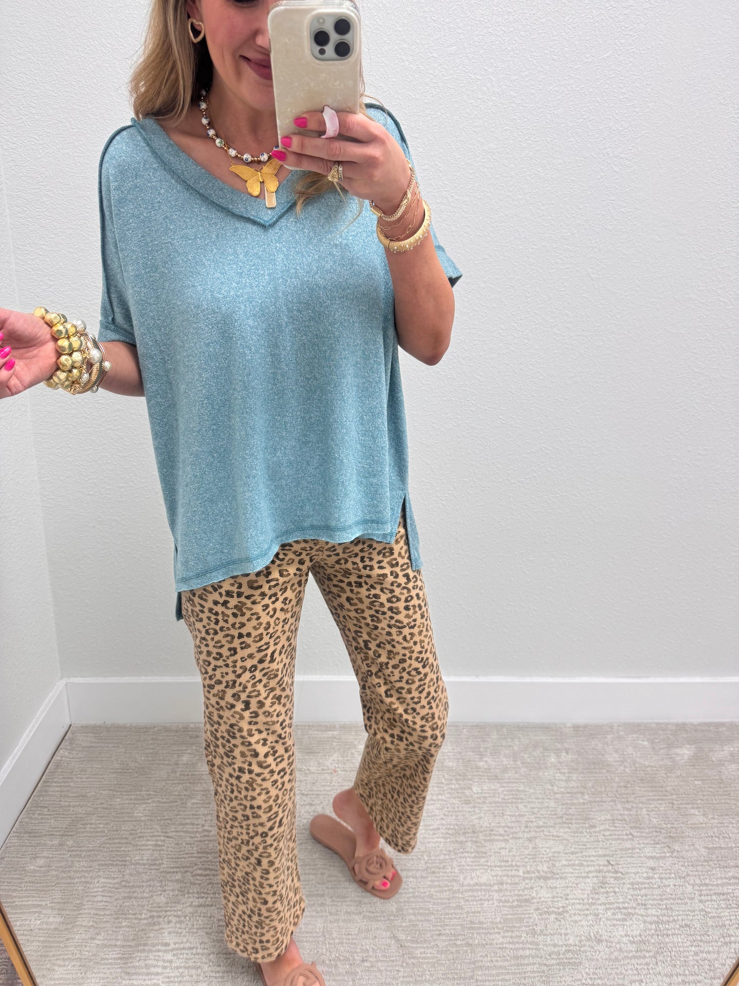Dusty Teal Melange Hacci V-Neck Hi-Low Tee