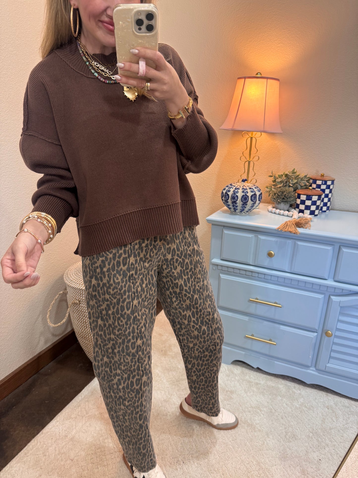 Brown Waist Length Mock Neck Sweater