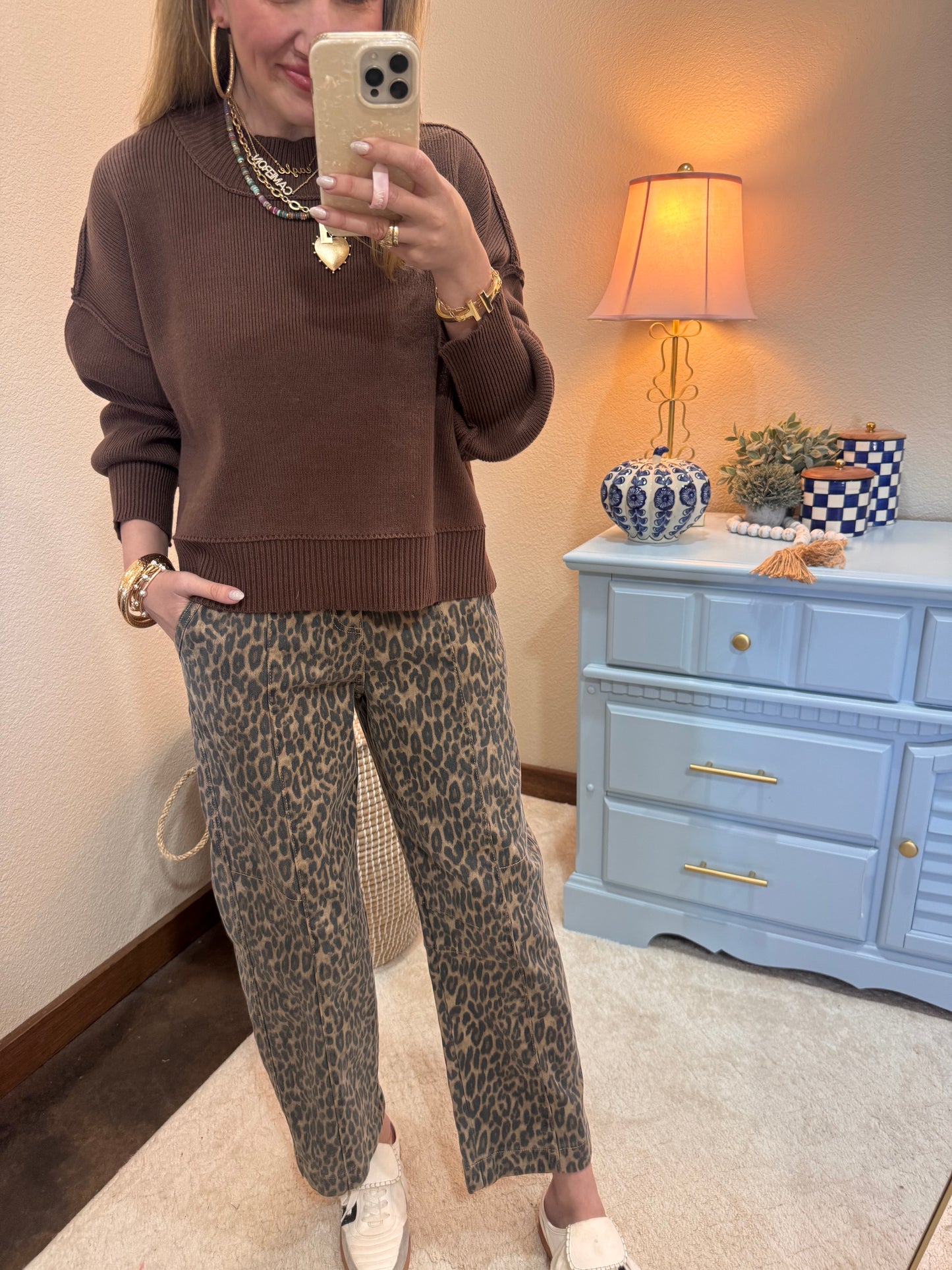 Brown Waist Length Mock Neck Sweater