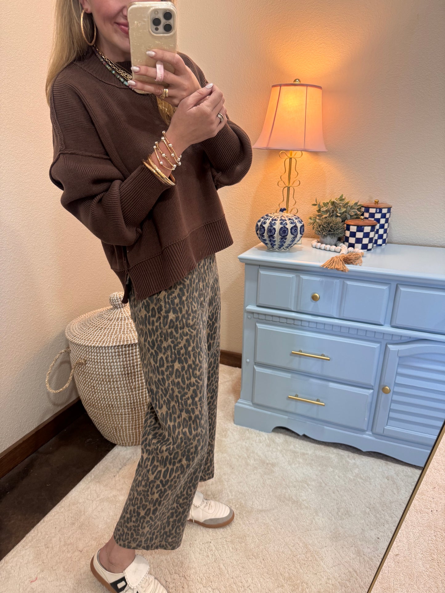Brown Waist Length Mock Neck Sweater