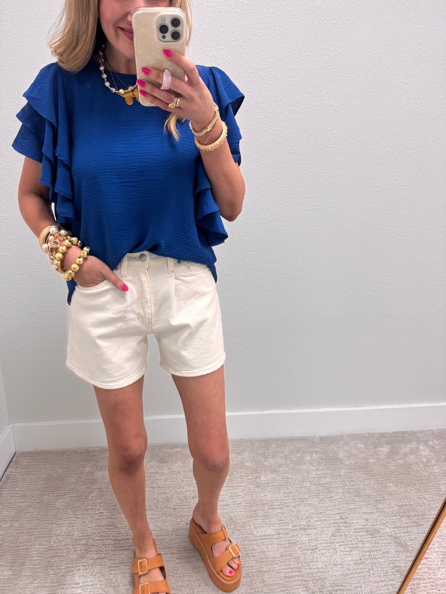 Classic Blue Triple Ruffle Sleeve Top