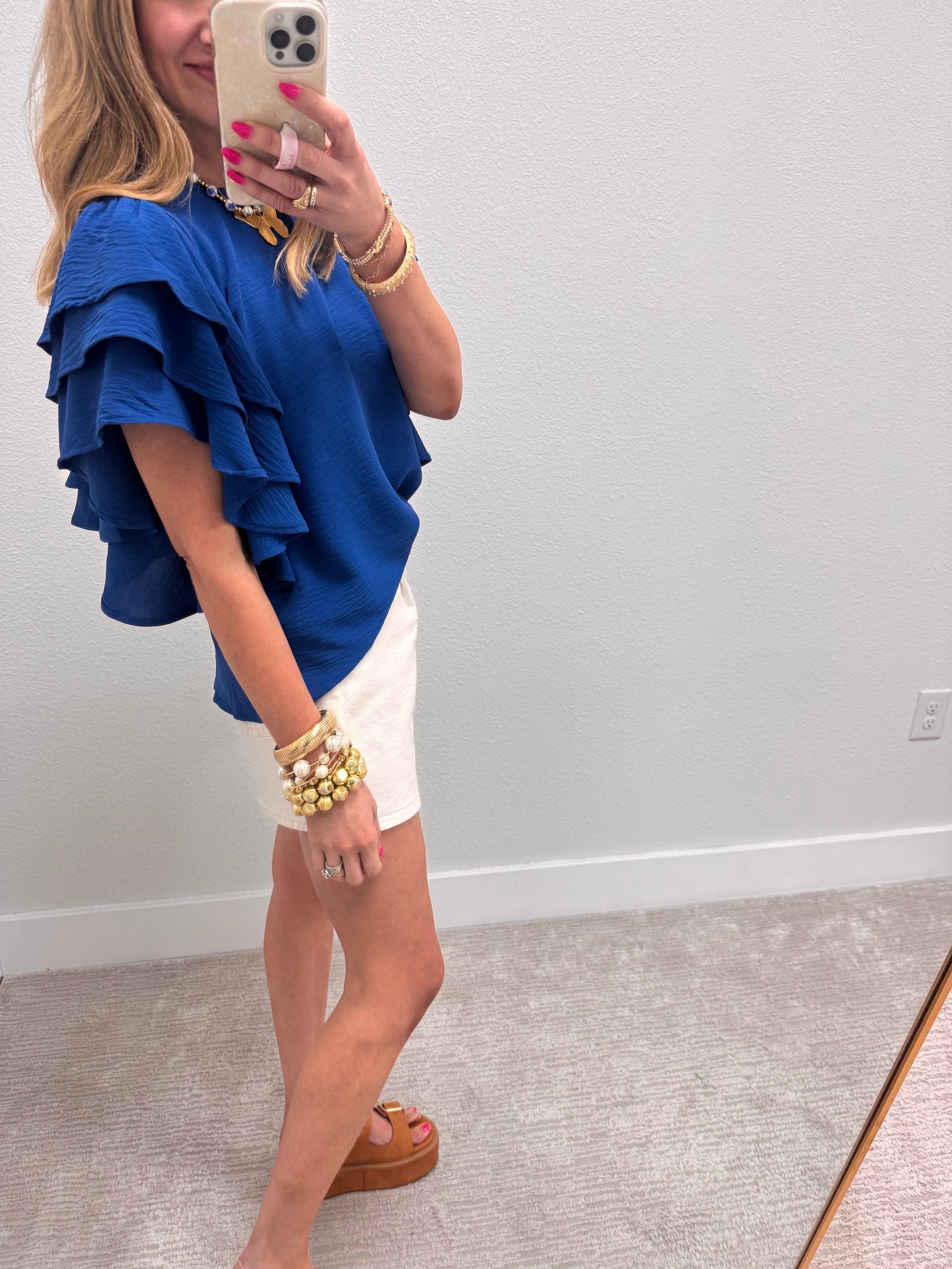 Classic Blue Triple Ruffle Sleeve Top