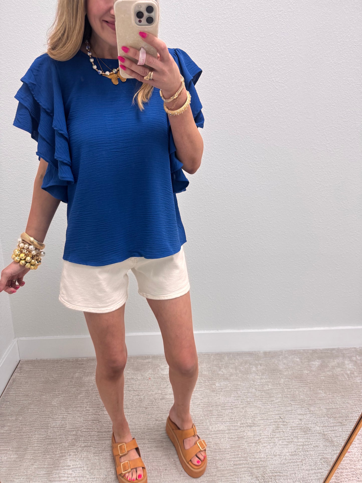 Classic Blue Triple Ruffle Sleeve Top