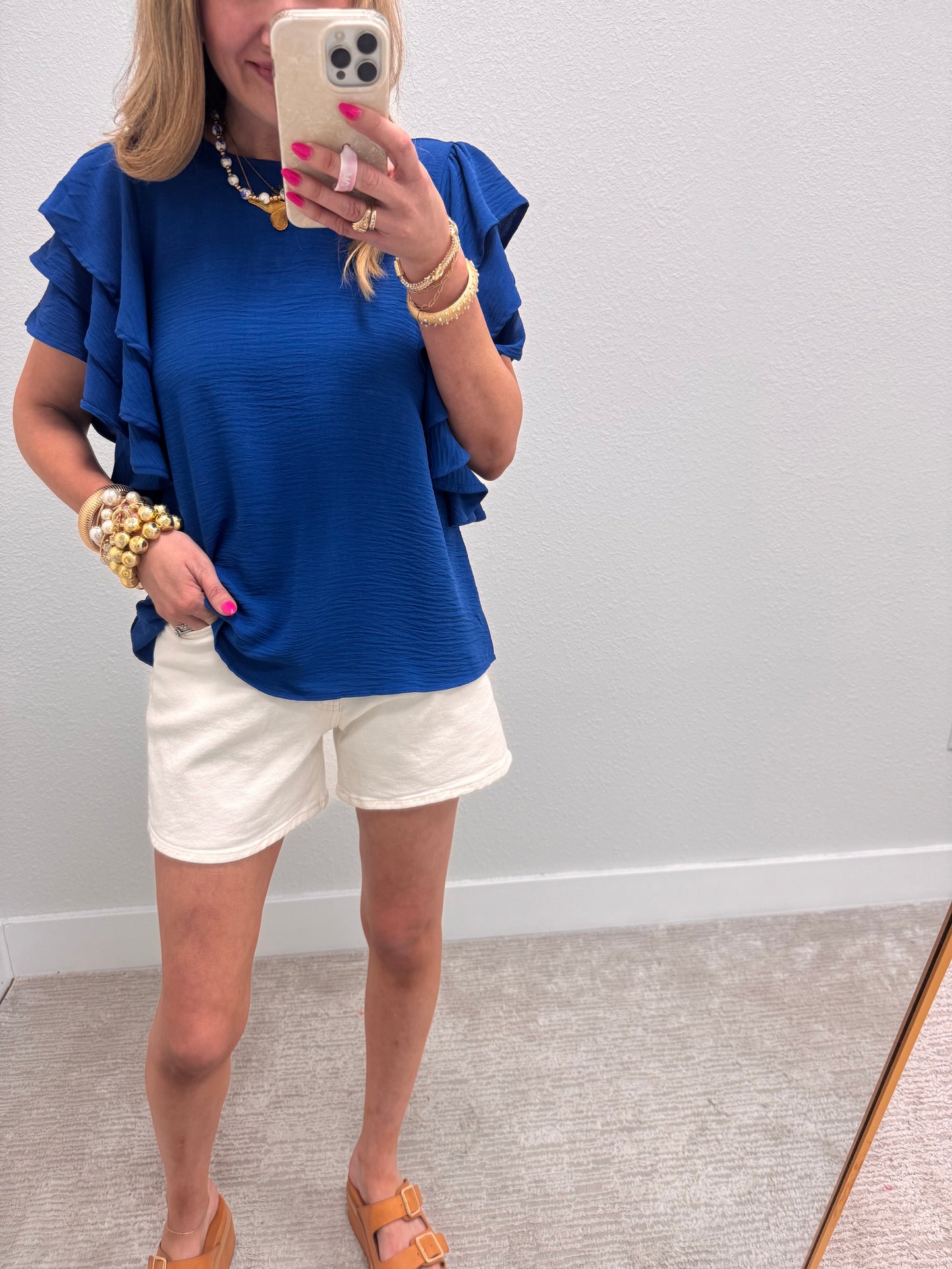 Classic Blue Triple Ruffle Sleeve Top