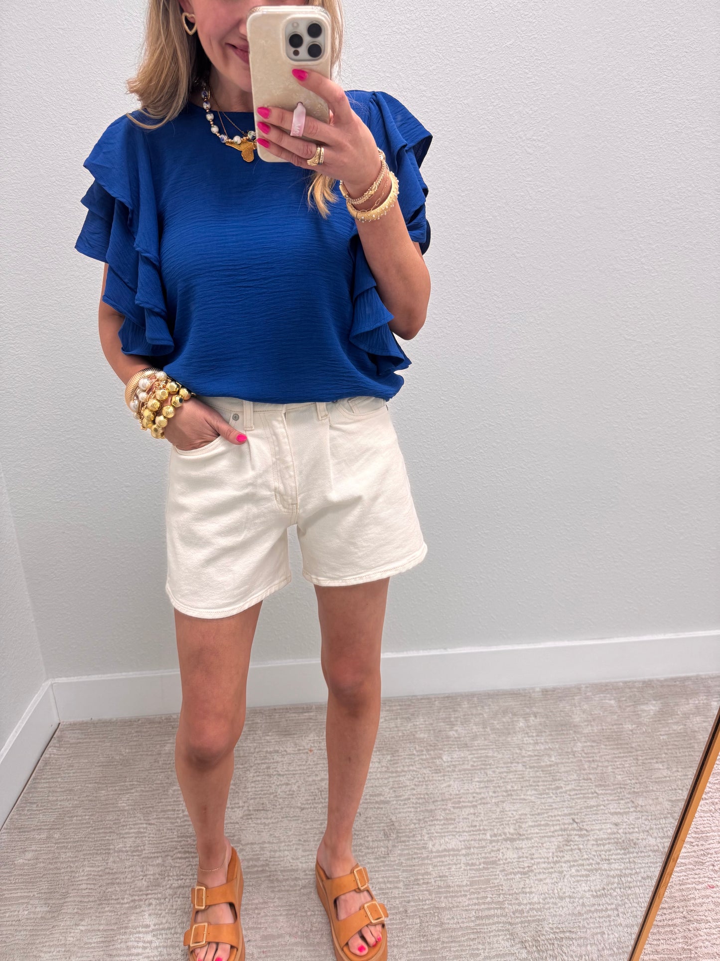 Classic Blue Triple Ruffle Sleeve Top