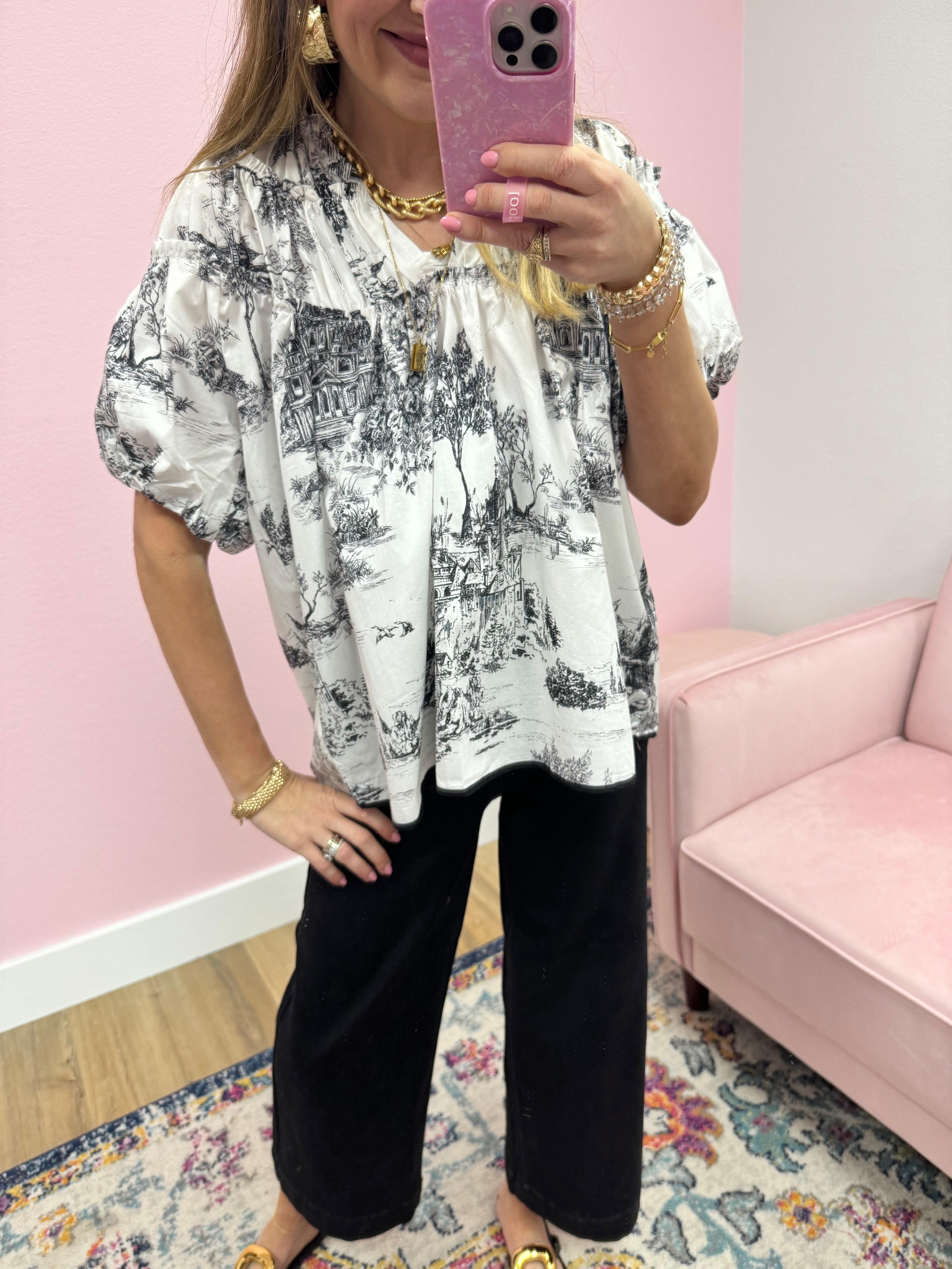 Black and White Puff Sleeve Toile Print Top