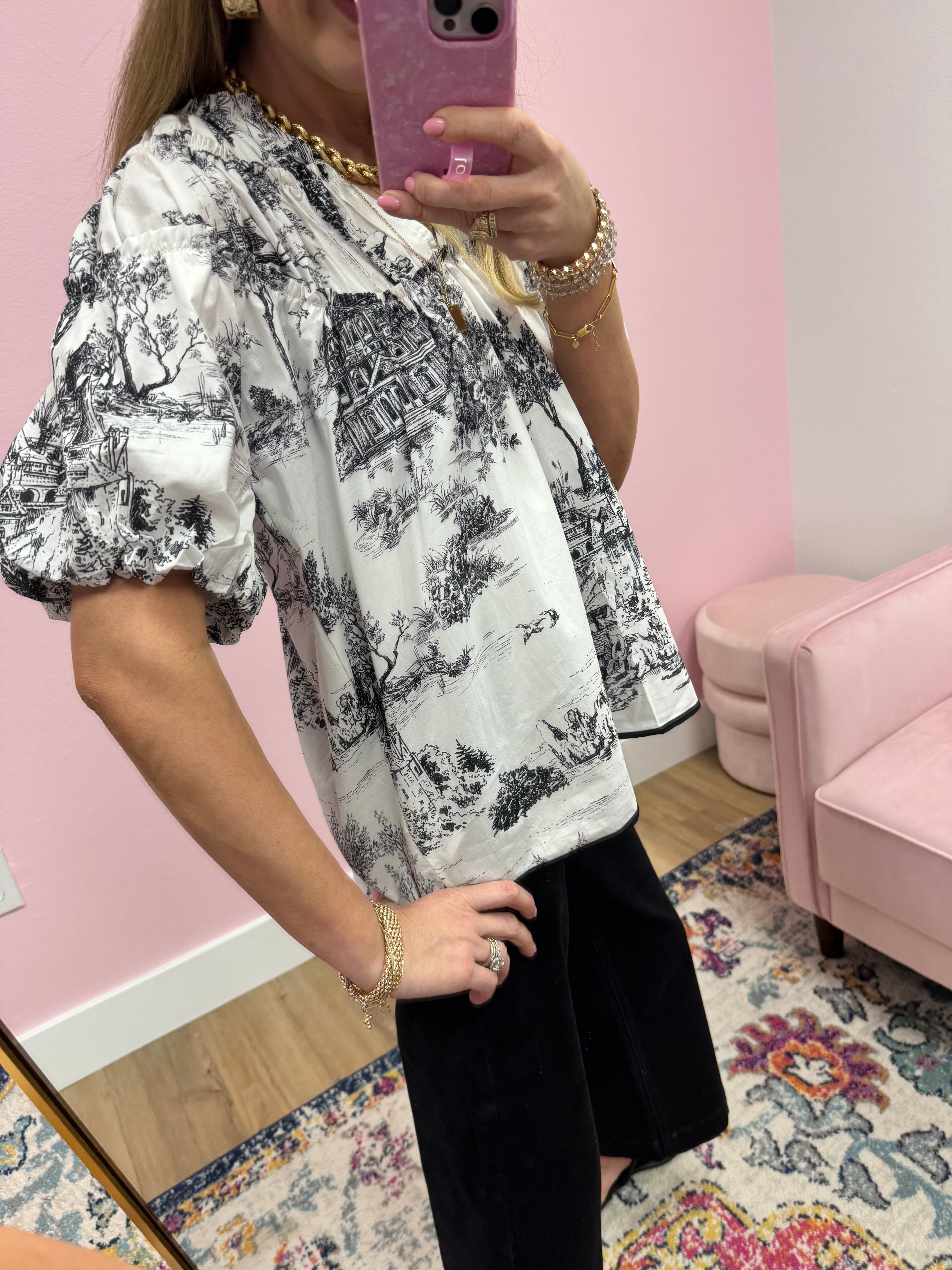 Black and White Puff Sleeve Toile Print Top