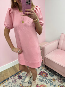 Pink Puff Sleeve Textured Dress