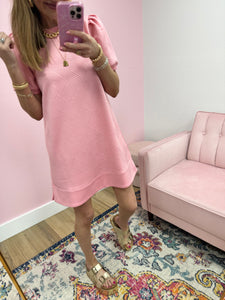 Pink Puff Sleeve Textured Dress