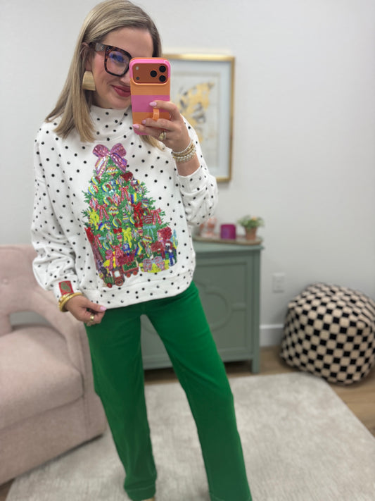 Queen of Sparkles White & Black Polka Dot Multi Christmas Tree Mockneck Sweatshirt