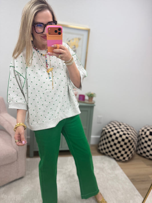 Heather Grey & Green Piping & Mini Dot Printed French Terry Top